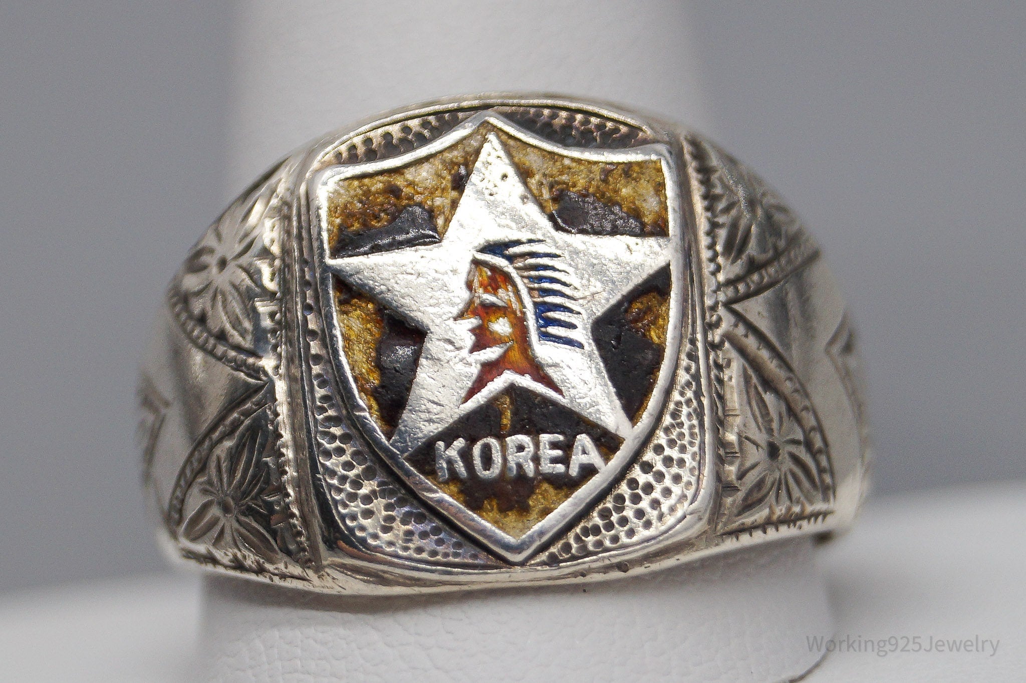 Rare Vintage Korea Faded Enamel Silver Ring - Size 13.25