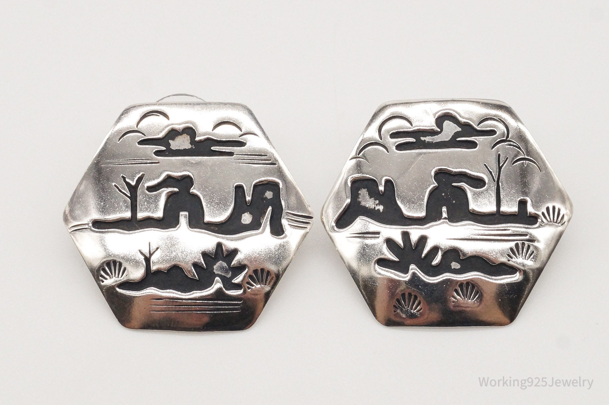 Vintage Native American Navajo Tom Billy Storyteller Sterling Silver Earrings