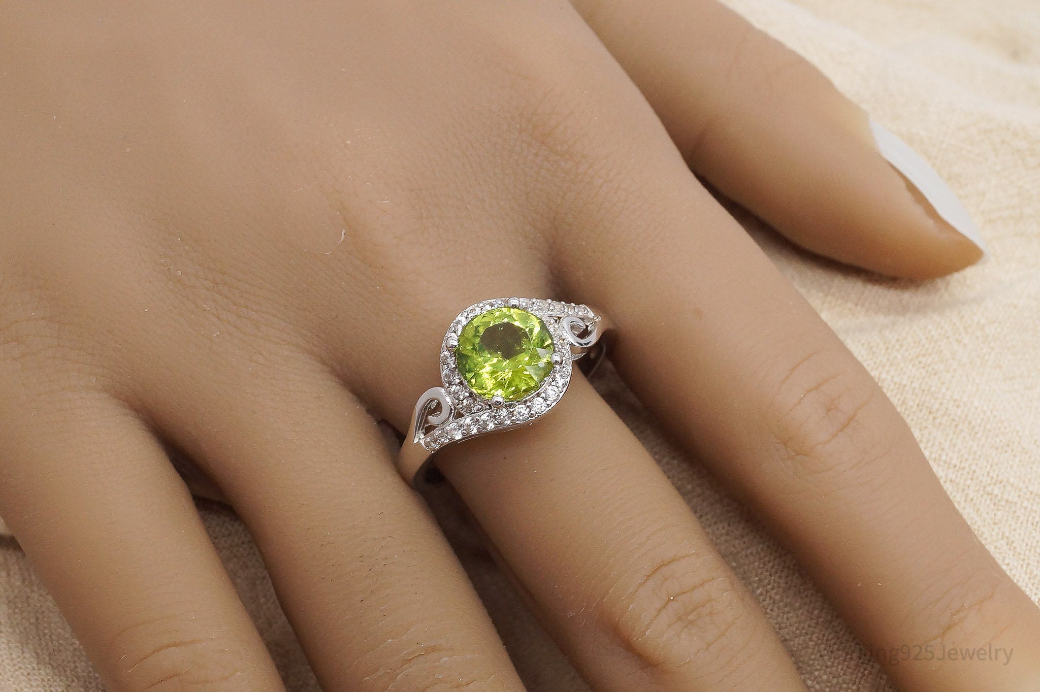 BBJ Manchurian Peridot White Zircon Rhodium Over Sterling Silver Ring - Size 12