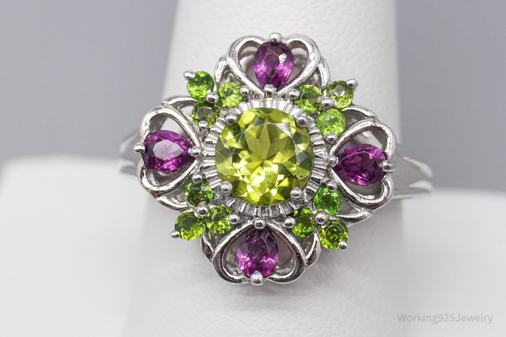 SGL Peridot & Pink Tourmaline Sterling Silver Ring - Size 9.75