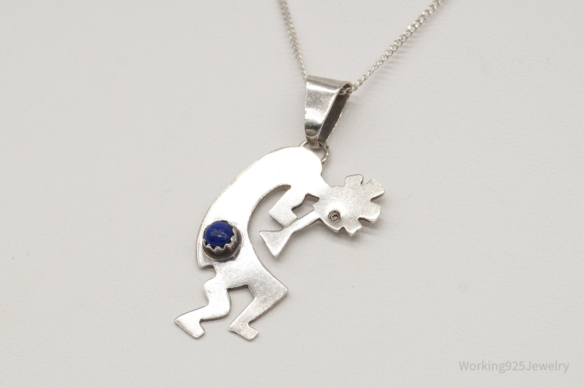 Vintage Native America Lapis Lazuli Dancing Kokopelli Sterling Silver Necklace