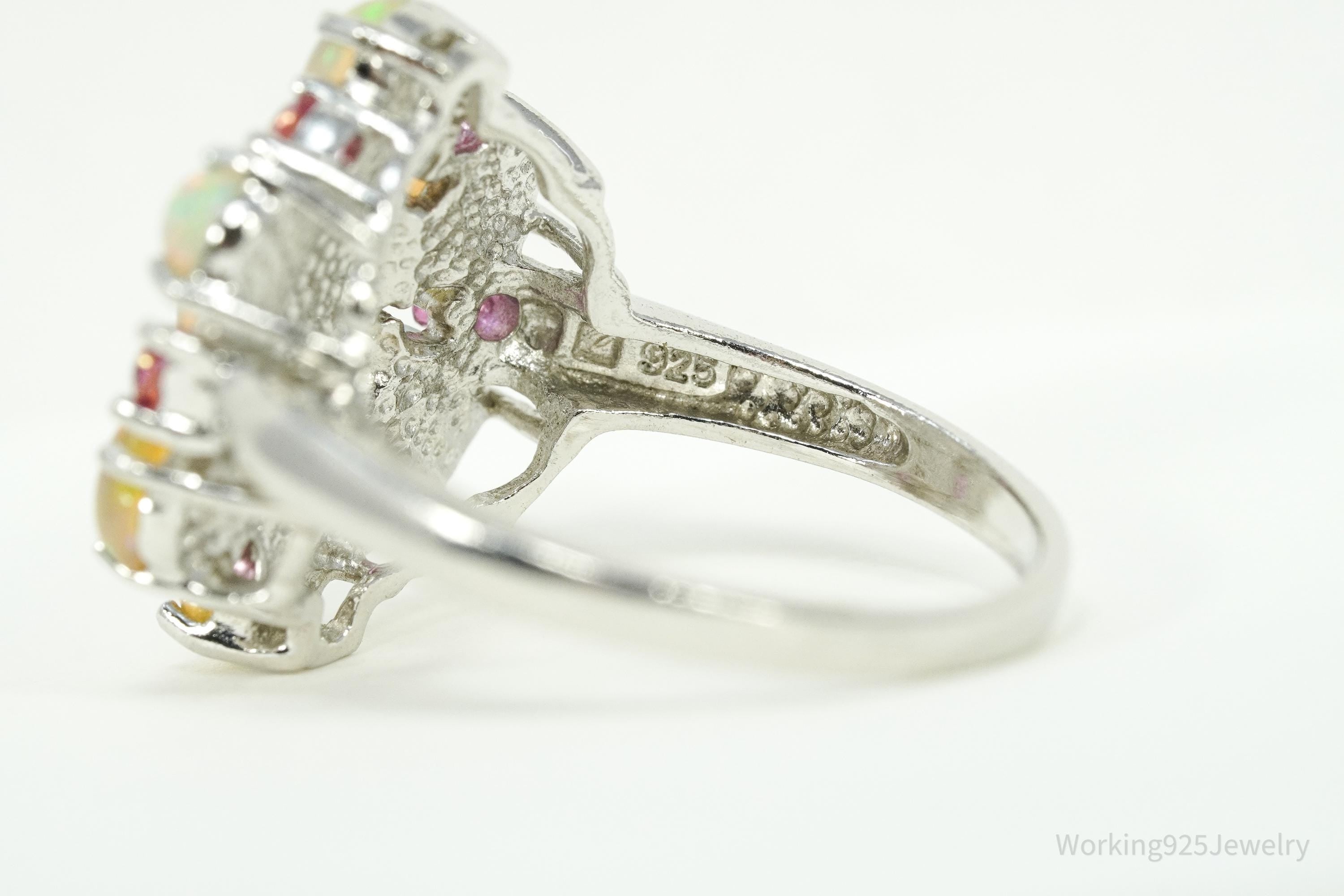 Vintage Opal & Pink Topaz Sterling Silver Ring - Size 9