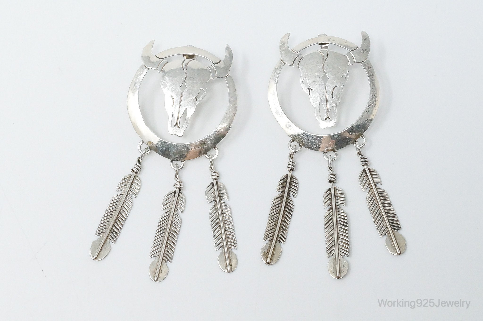 Vintage Native American WS Skull Dream Catcher Sterling Silver Earrings