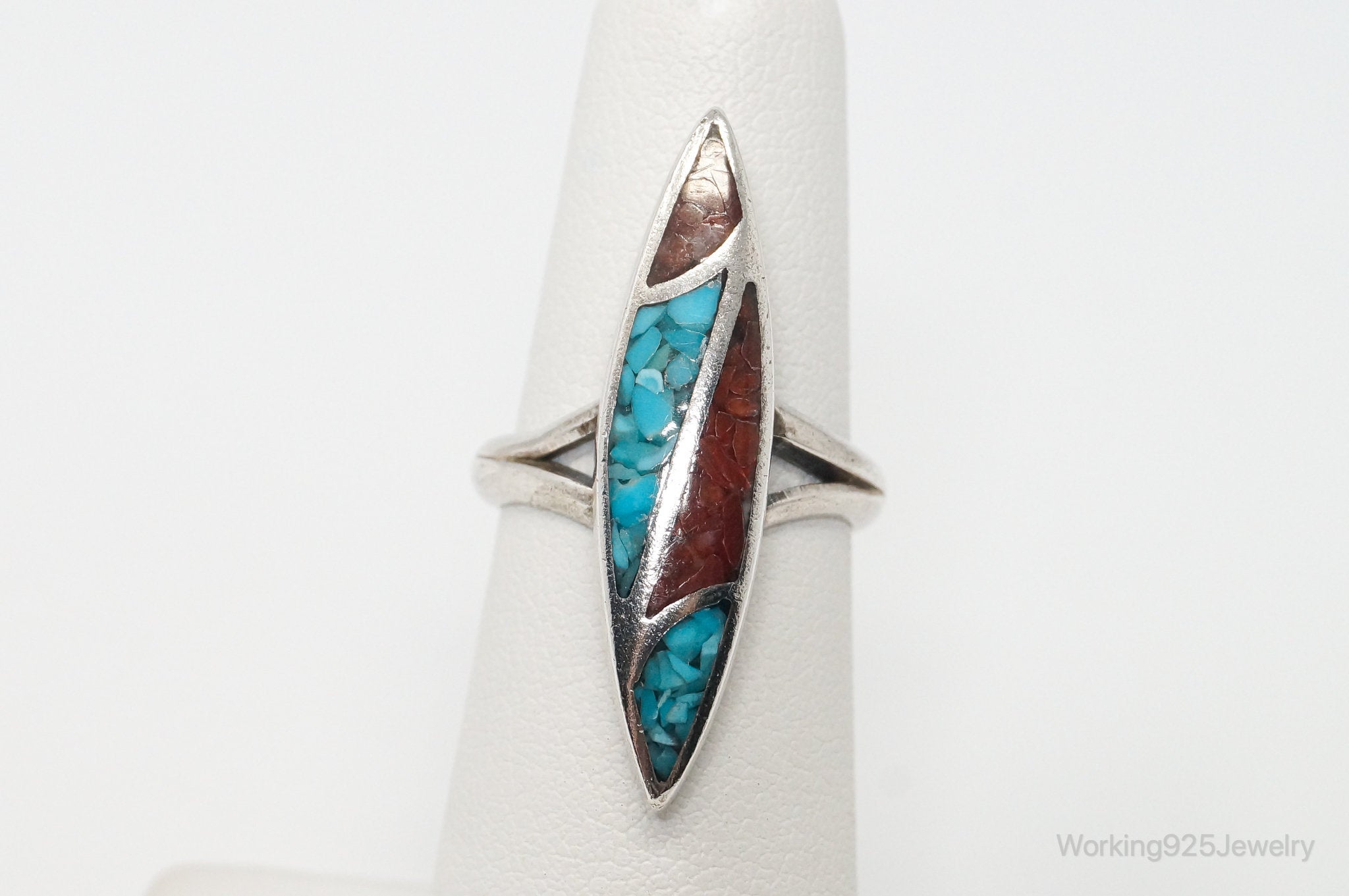 Vintage Native American Turquoise Coral Unsigned Sterling Silver Ring - Sz 5.25