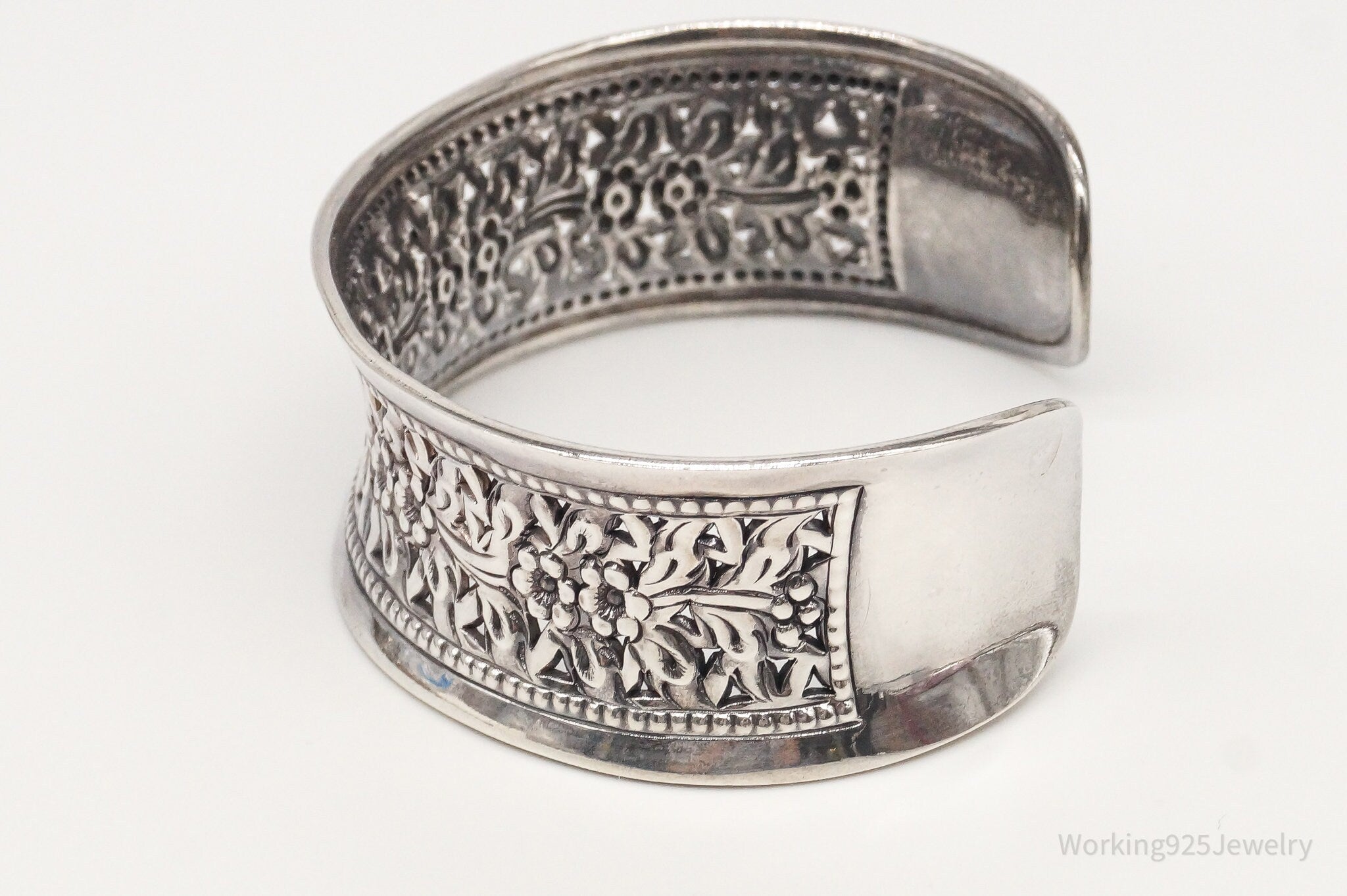 Vintage Thai Designer Floral Pattern Oxidized Sterling Silver Cuff Bracelet