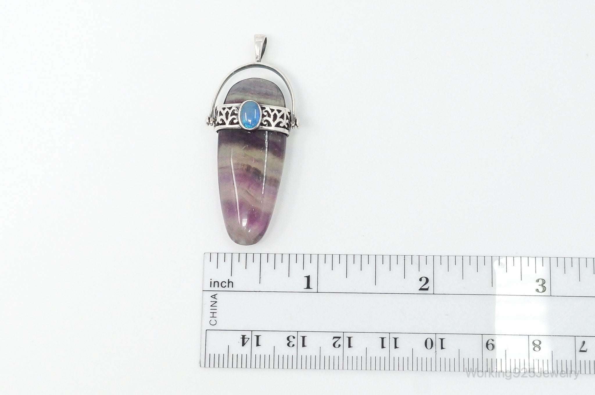 Vintage Purple & Green Fluorite Blue Opal Sterling Silver Pendant