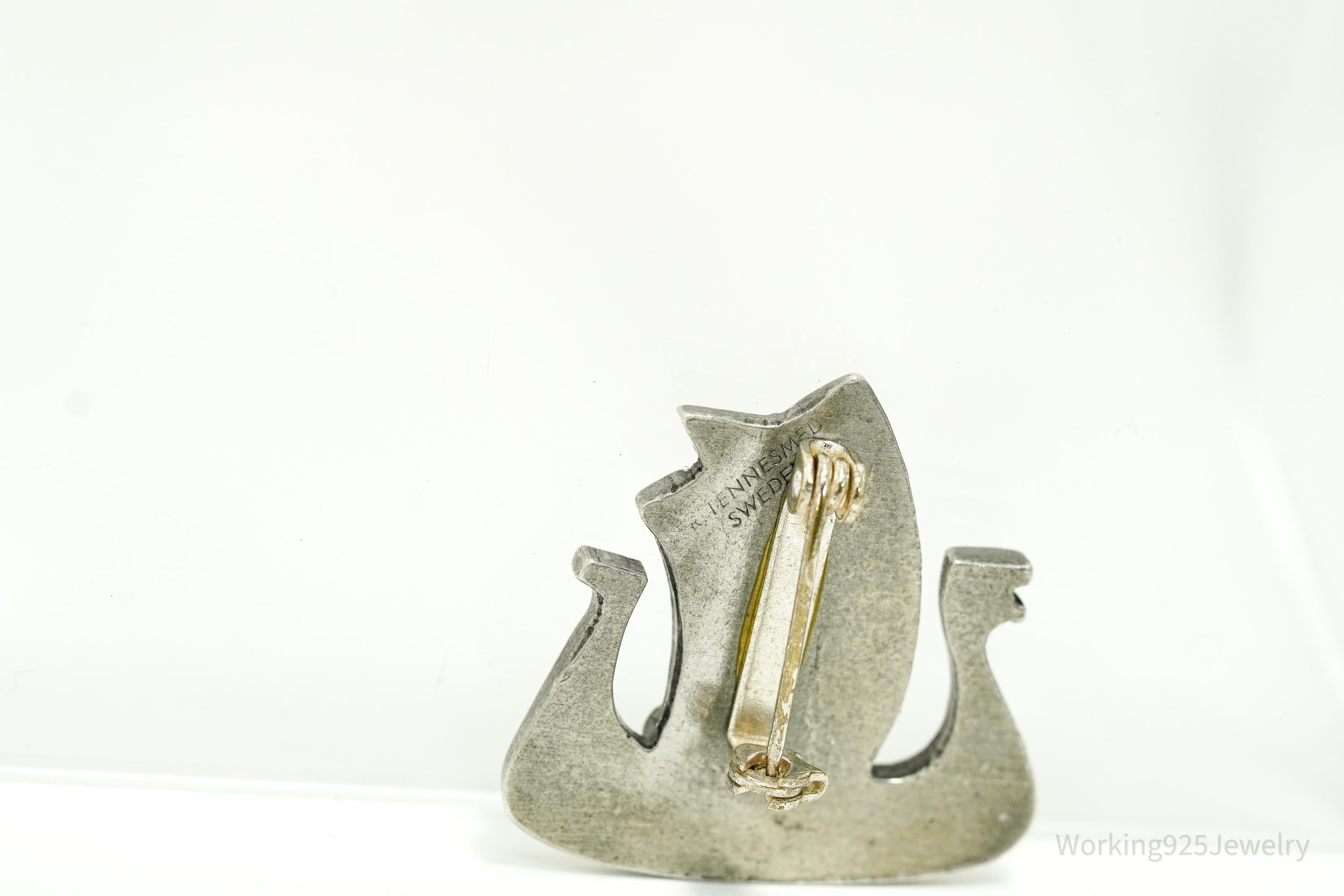 Vintage 1960s Swedish Modernist R. Tennesmed Pewter Viking Ship Brooch Pin