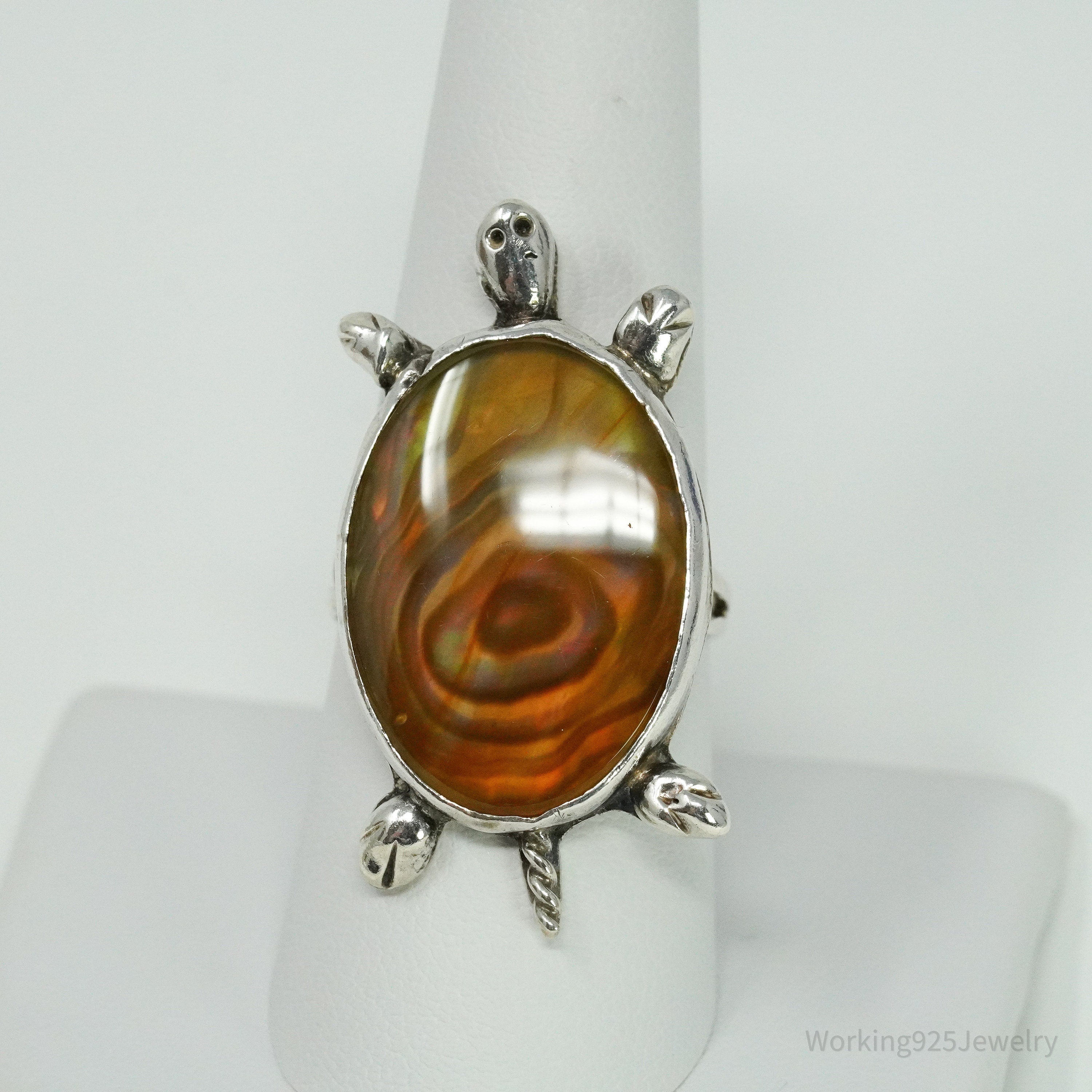 Vintage Abalone Paua Shell Inlay Turtle Silver Ring - Size 8.5