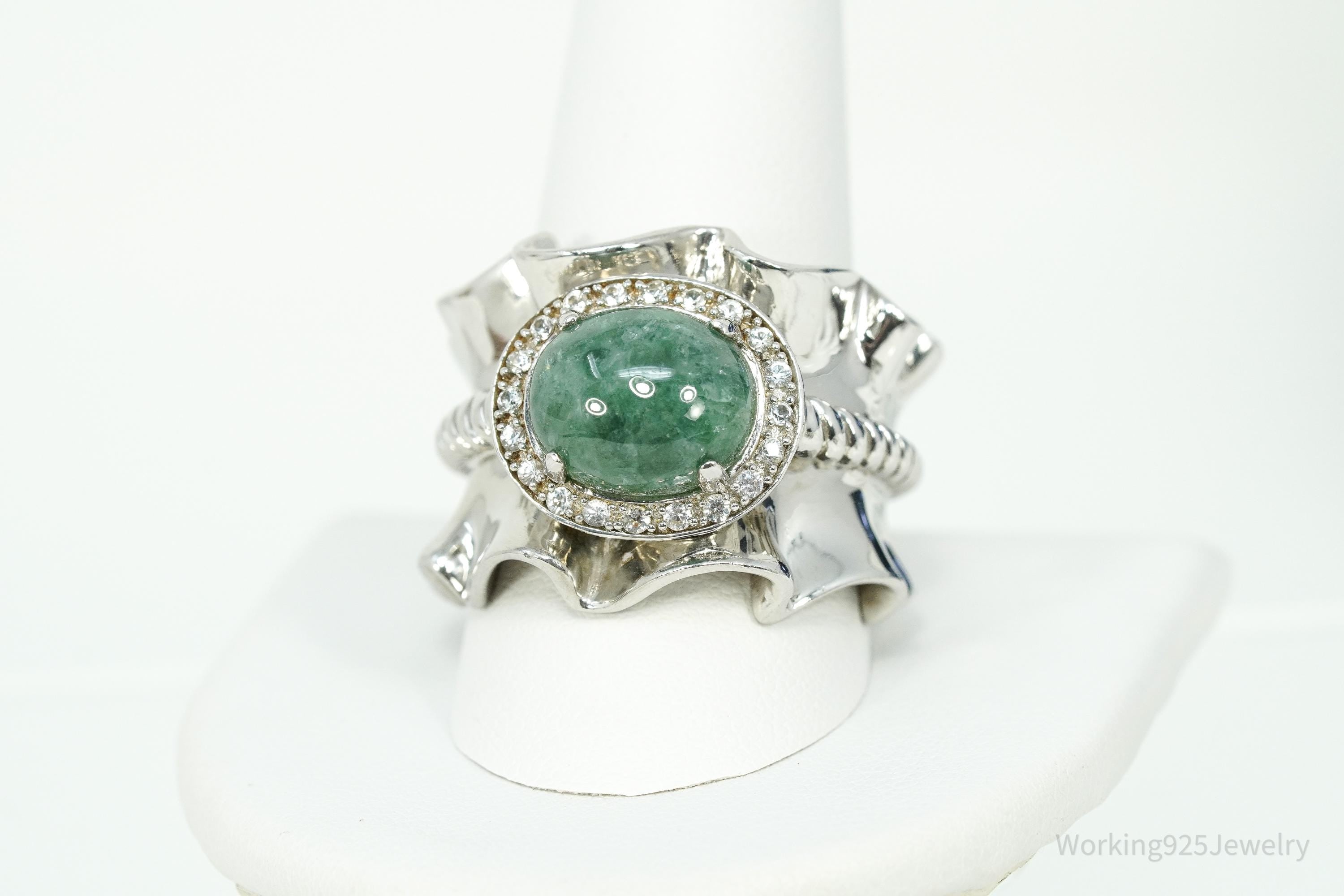 Michelle Albala Green Jadeite & White Topaz Sterling Silver Ring - Size 11.25