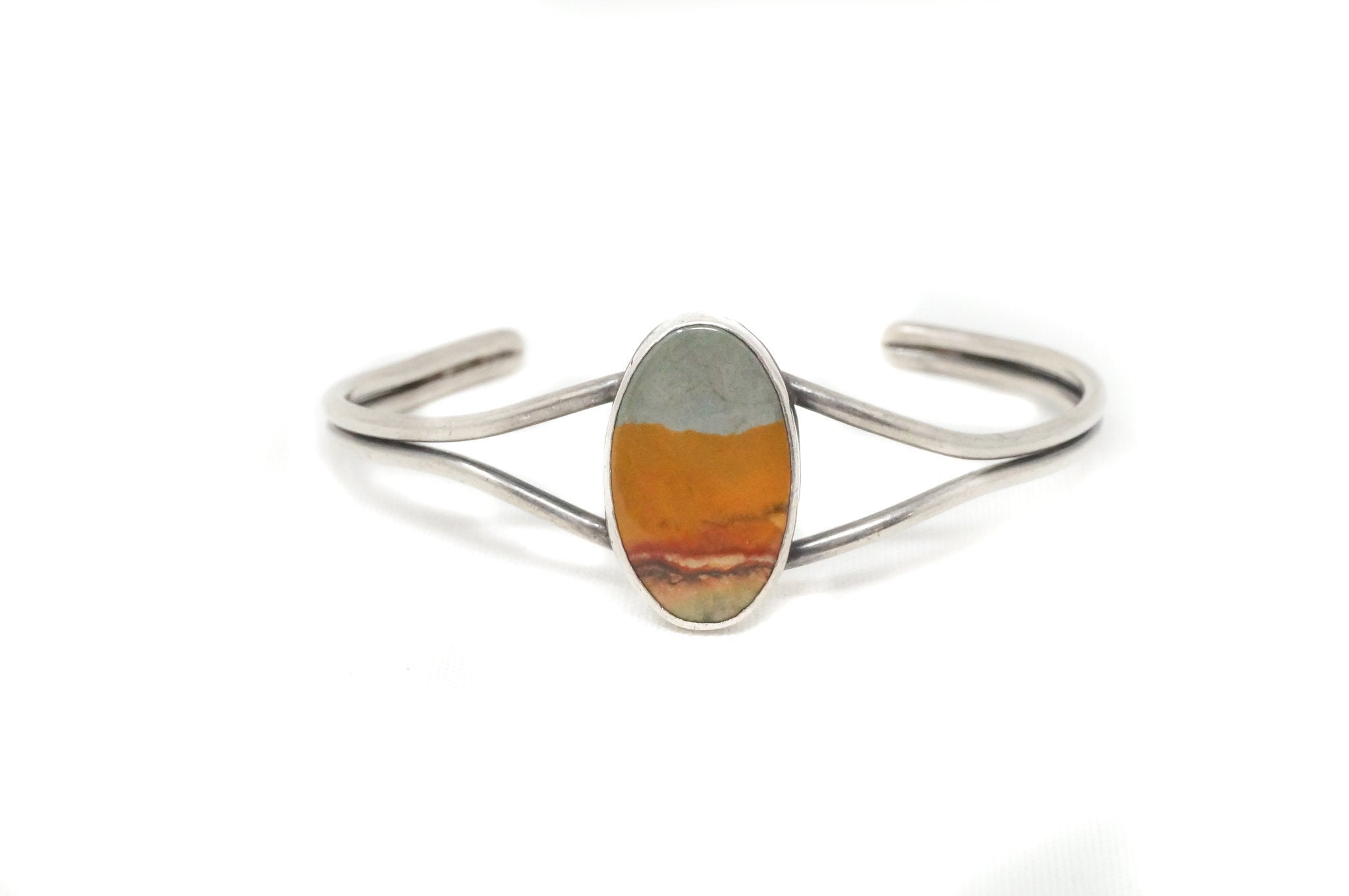 Vintage Native American Fink Landscape Agate Sterling Silver Cuff Bracelet