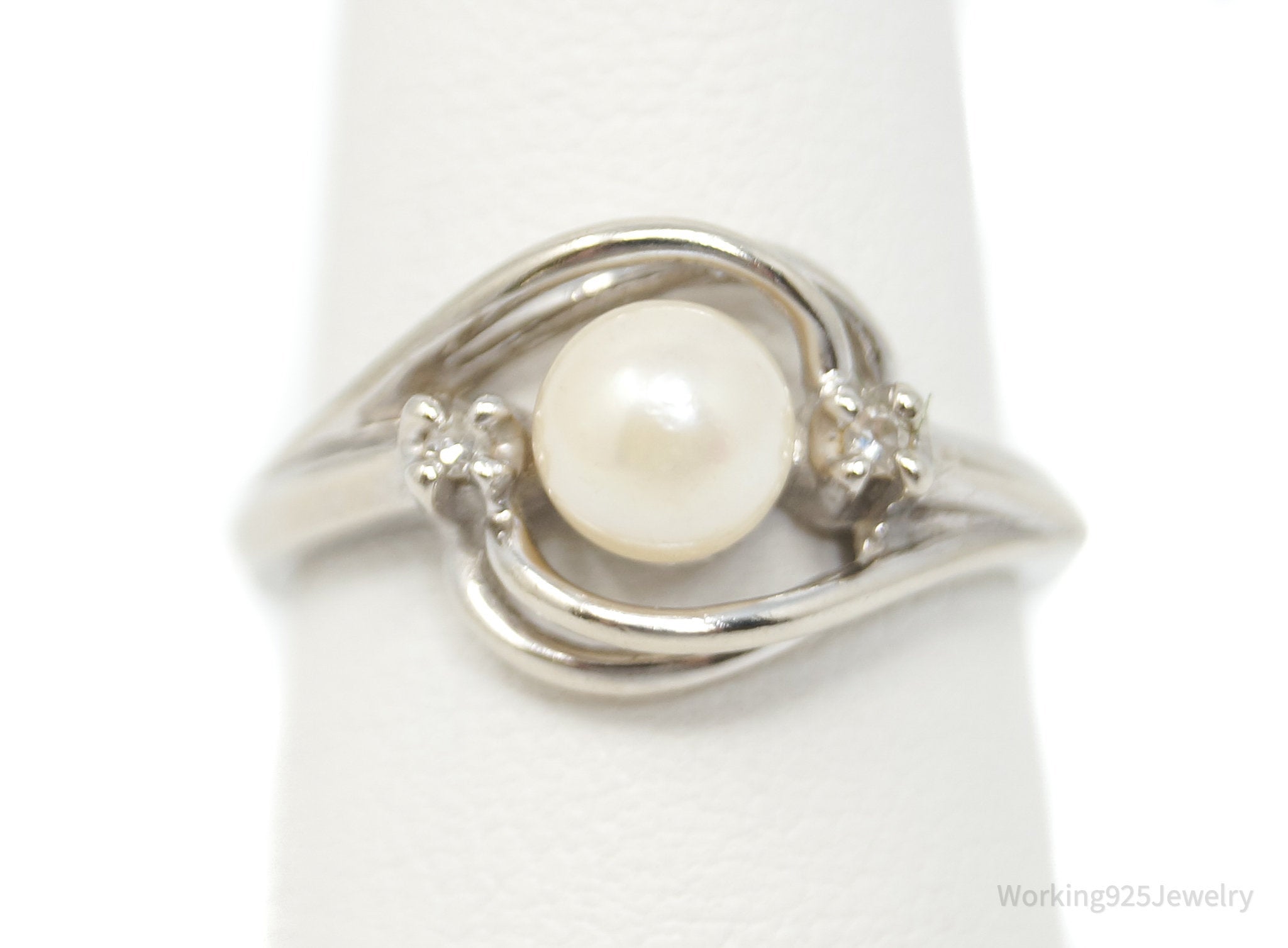 Vtg 10K Gold Diamond Pearl Art Nouveau Ring - Size 6.5