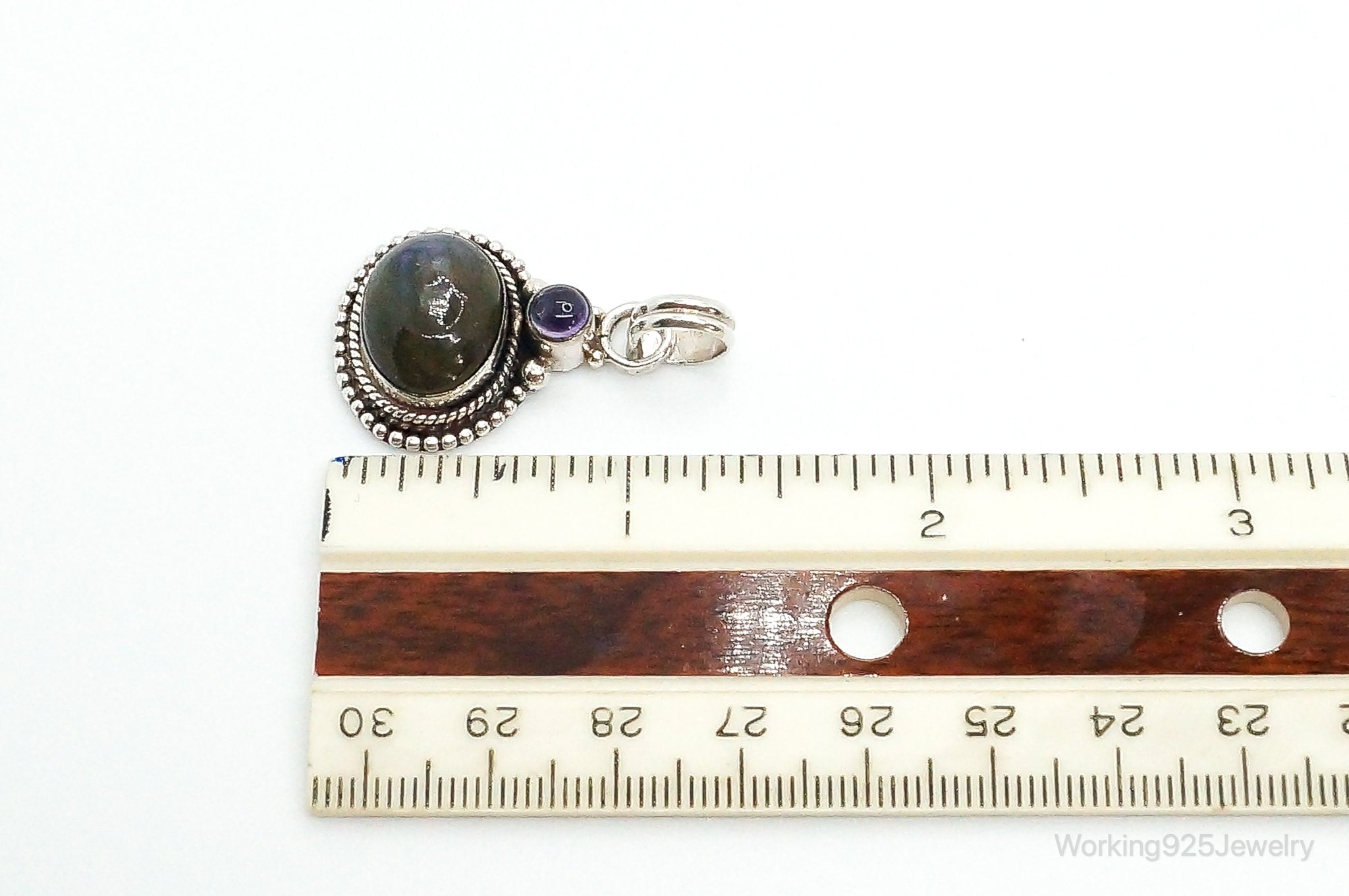 Vintage Large Labradorite Amethyst Sterling Silver Necklace Pendant