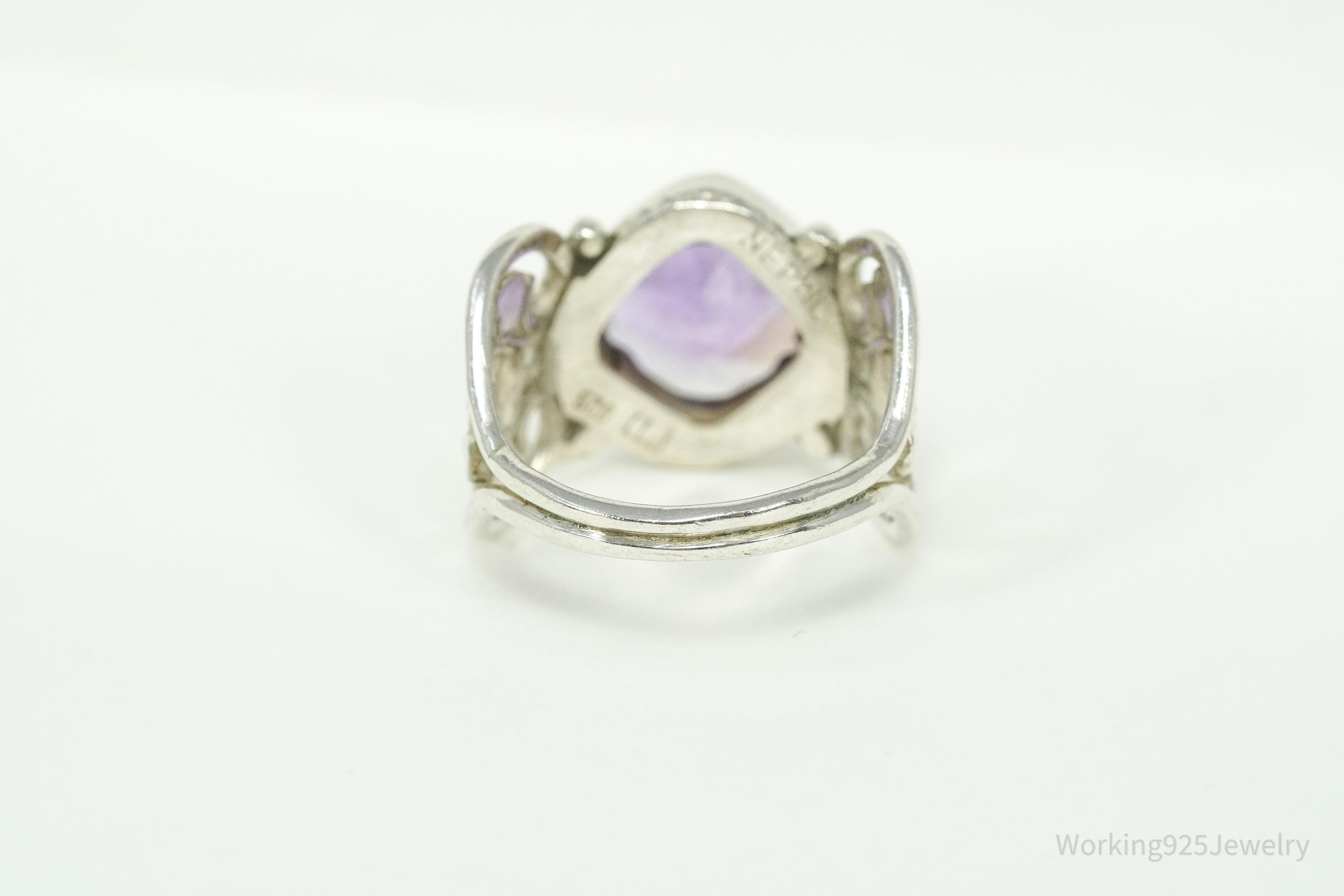 Vintage Nepal Purple Amethyst Sterling Silver Ring Size 7