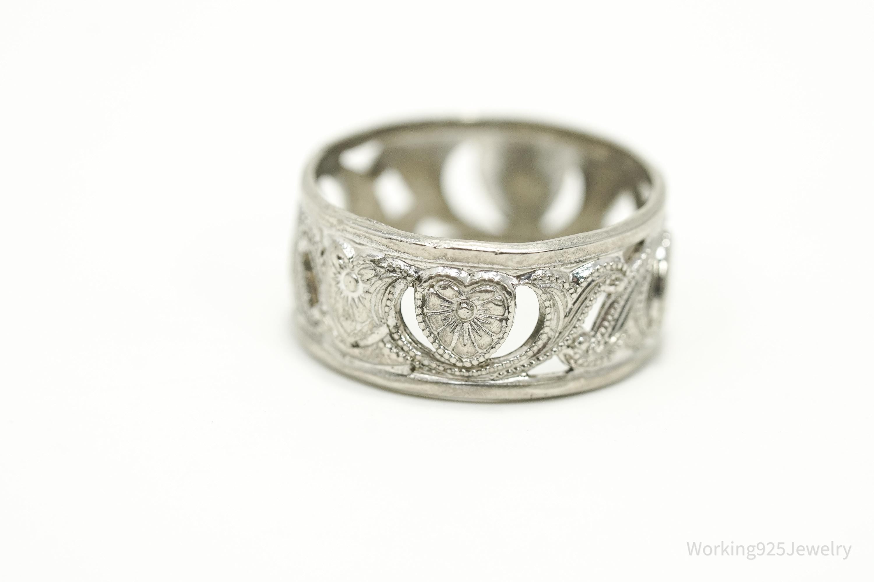 Antique Floral Hearts Patter Sterling Silver Band Ring - Size 5.25