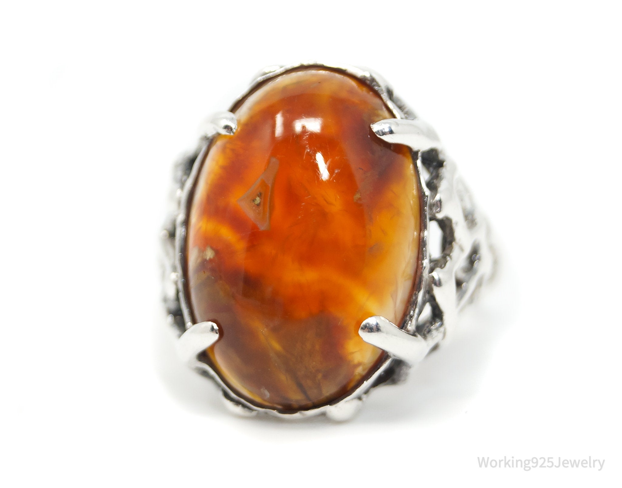 Vintage Red Agate Brutalist Sterling Silver Ring - Sz 7.5