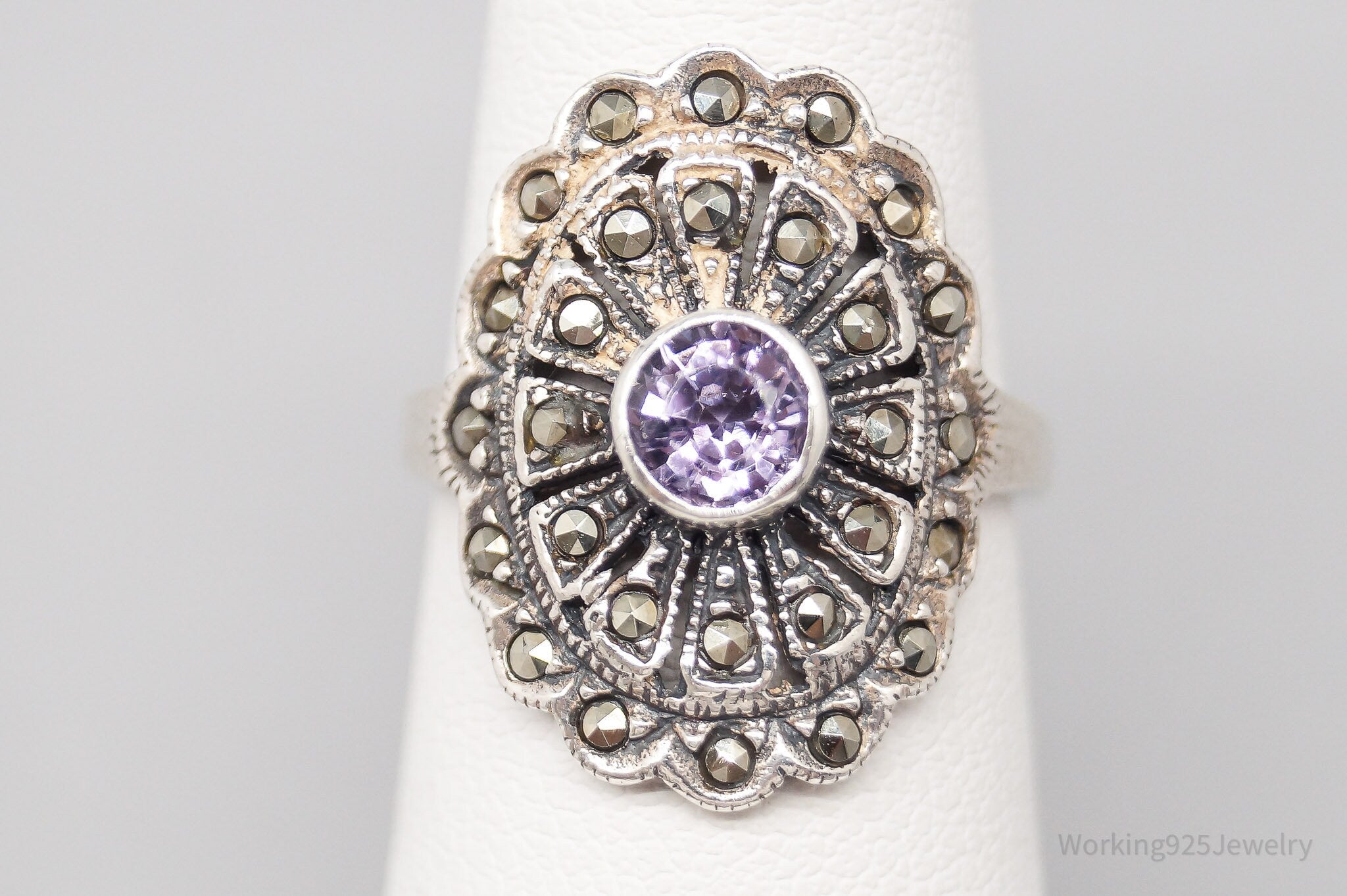 Vintage Amethyst Marcasite Sterling Silver Ring - Size 5.75