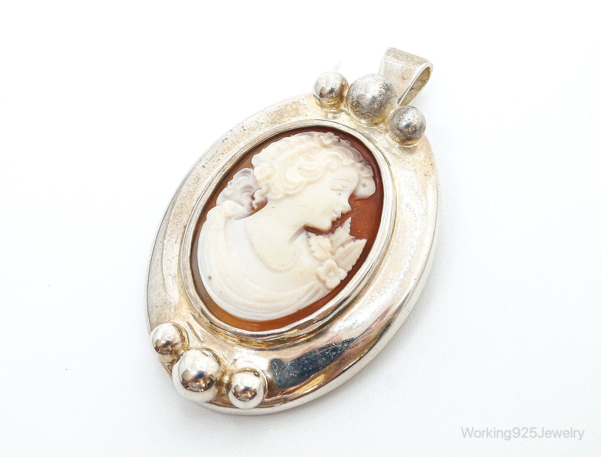 Vintage Large Joseph Esposito Carved Shell Cameo Sterling Silver Pin Pendant