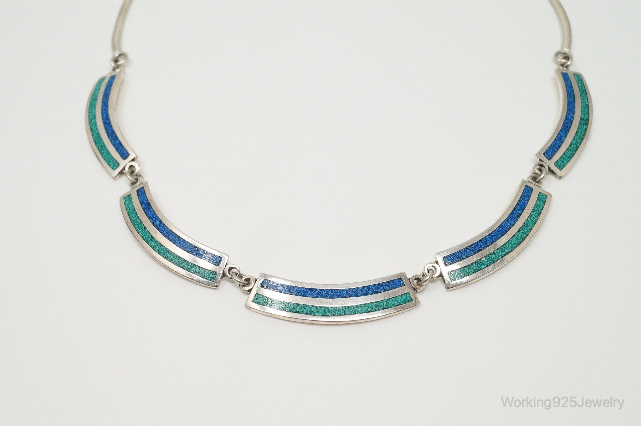 Vintage Mexico Turquoise Lapis Lazuli Chips Sterling Silver Necklace