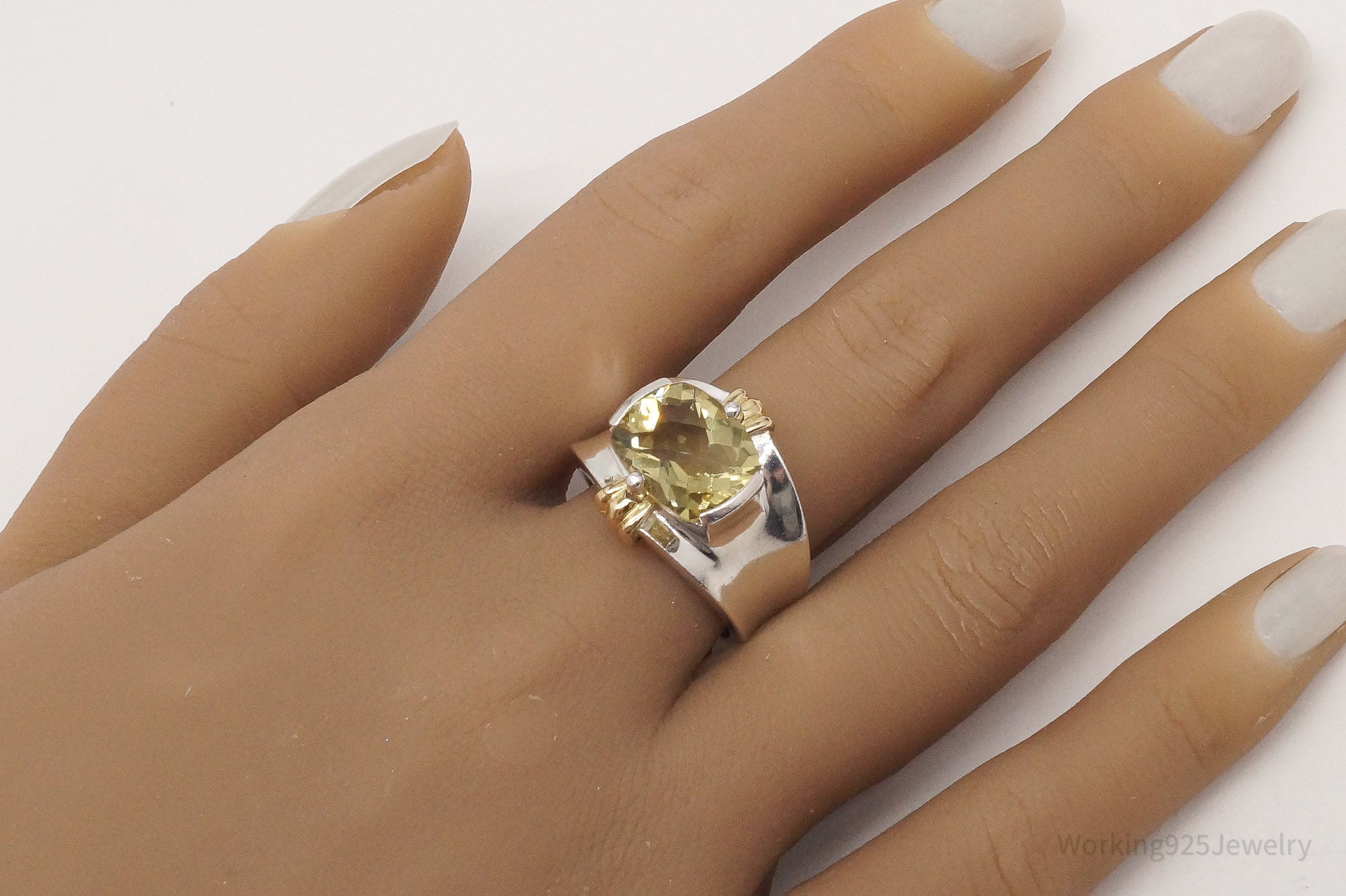 Vintage Large Lemon Quartz Gold Vermeil Sterling Silver Ring - Size 8.75