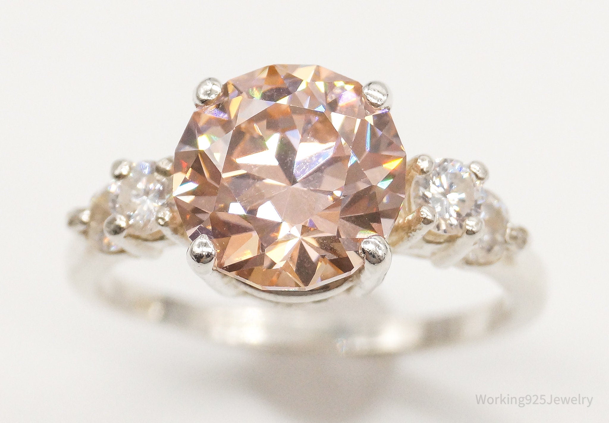 Vintage Peach & White Cubic Zirconia Sterling Silver Ring - Size 7