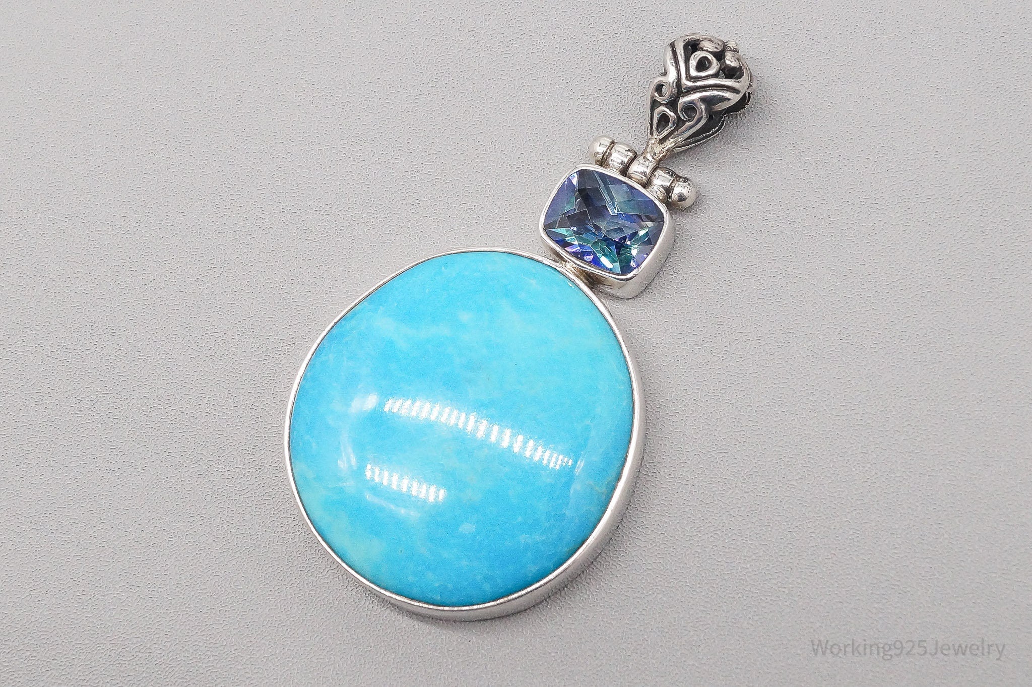 Vintage Large Amazonite Mystic Topaz Sterling Silver Pendant