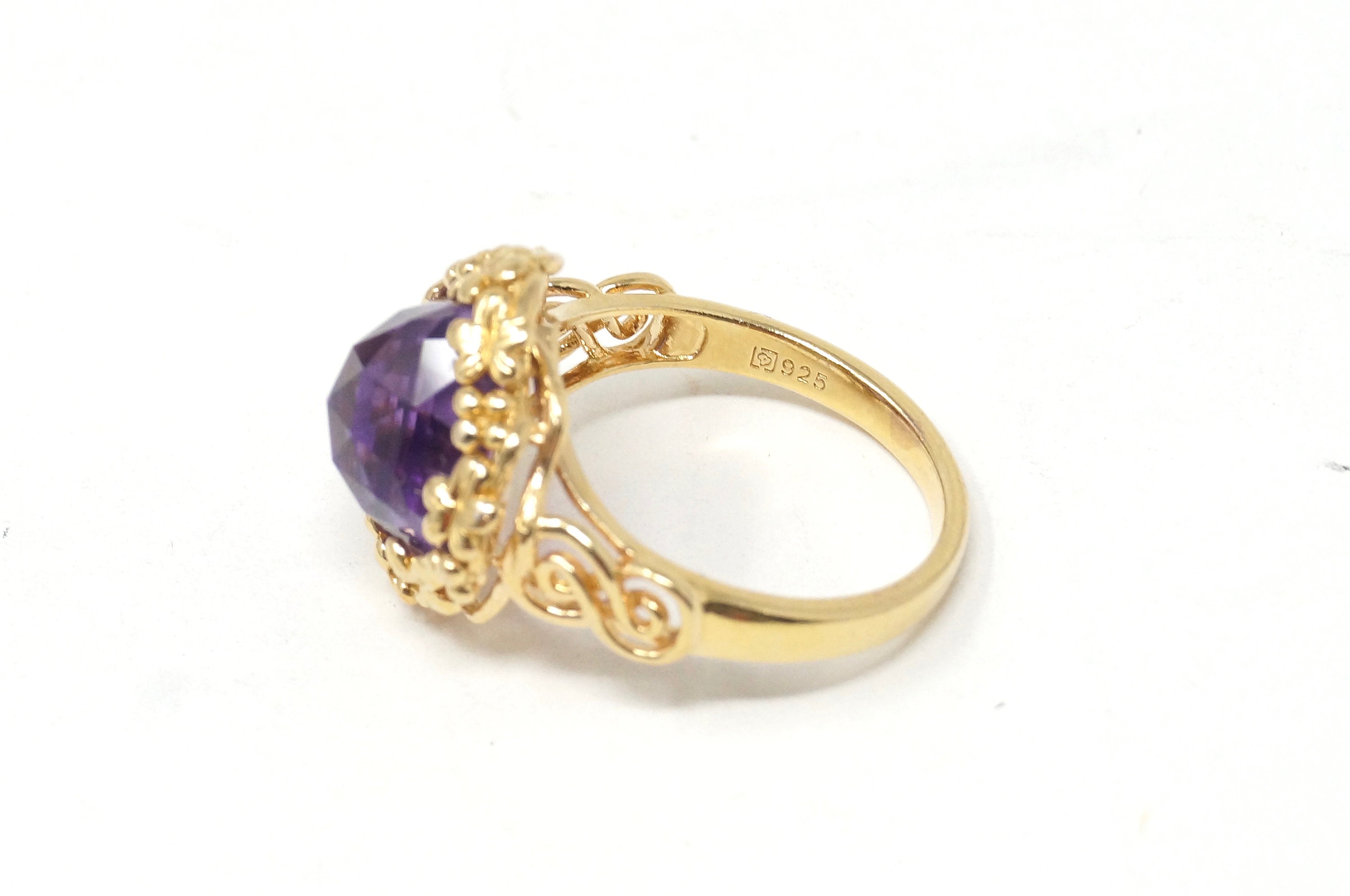 Vtg Art Nouveau Amethyst Flower Swirl Gold Vermeil Ring Sterling Silver Ring Sz9