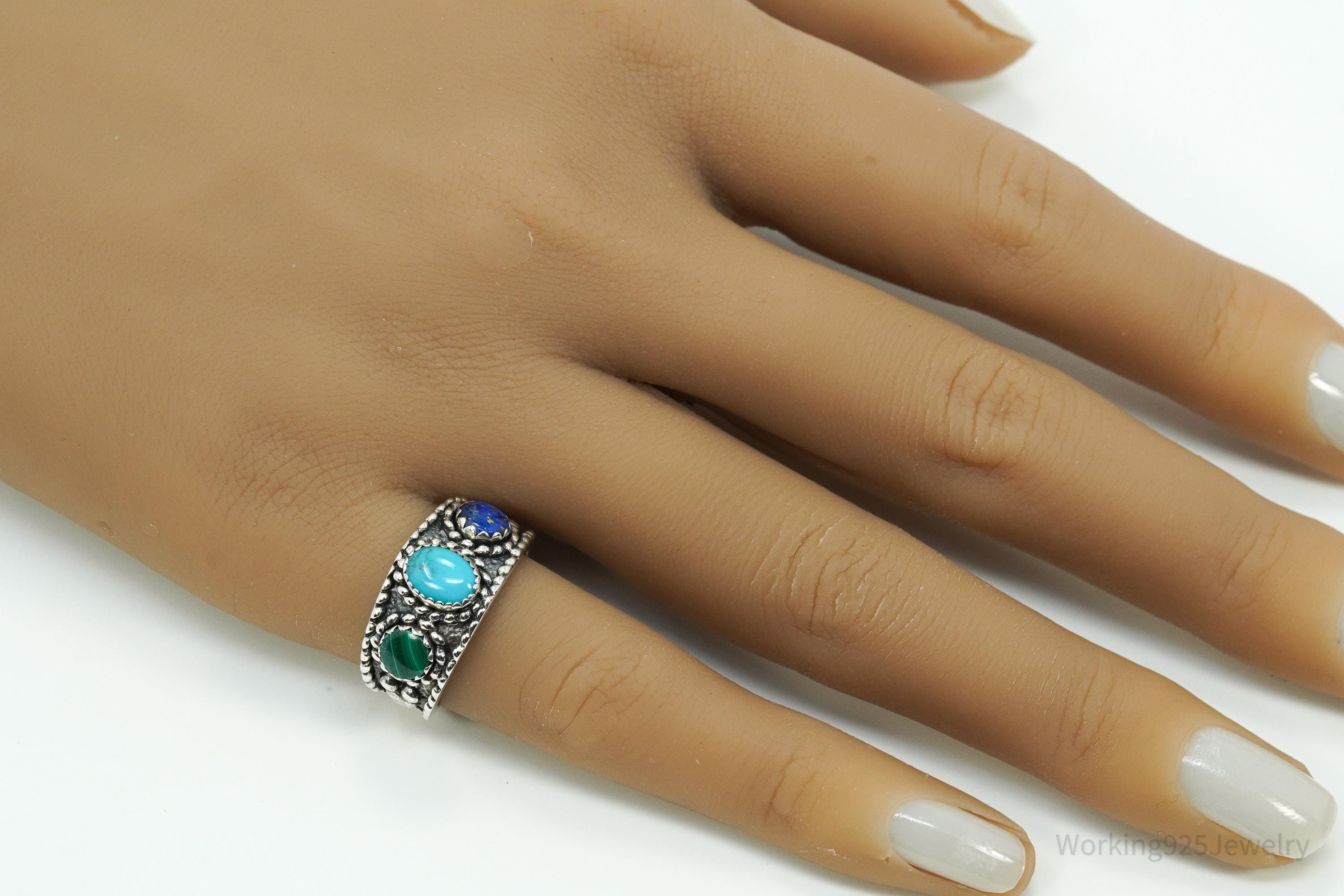 Vintage Native Designer QT Quoc Multi Gem Sterling Silver Ring - Size 6