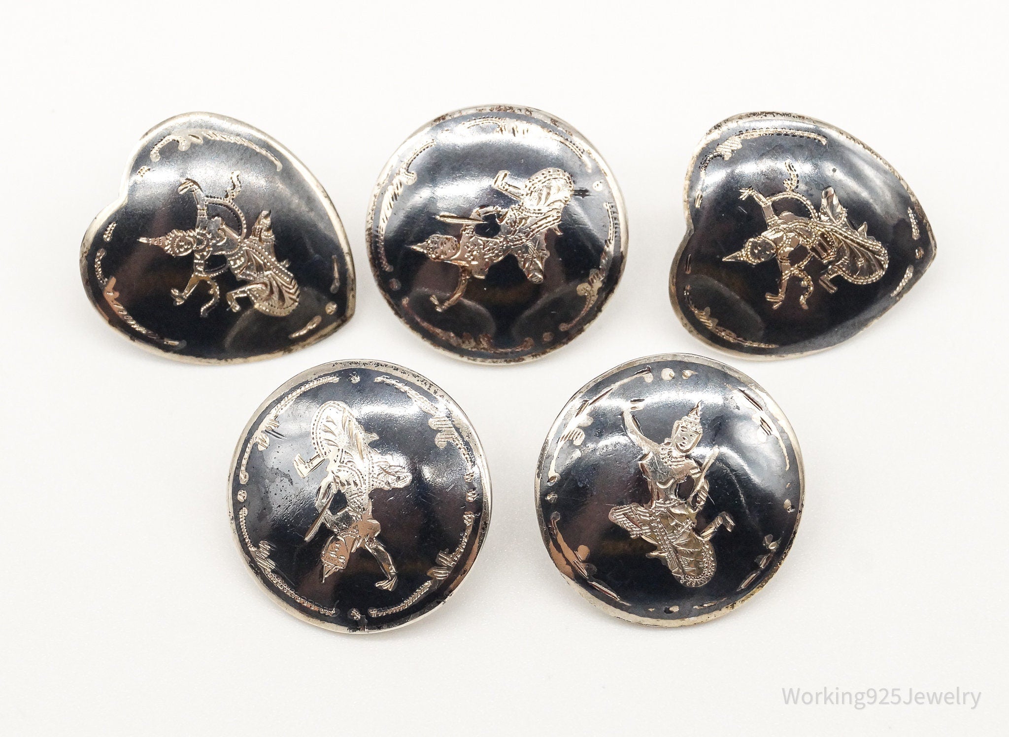 Vintage Siam Black Enamel Lightening Dancers Sterling Silver Buttons