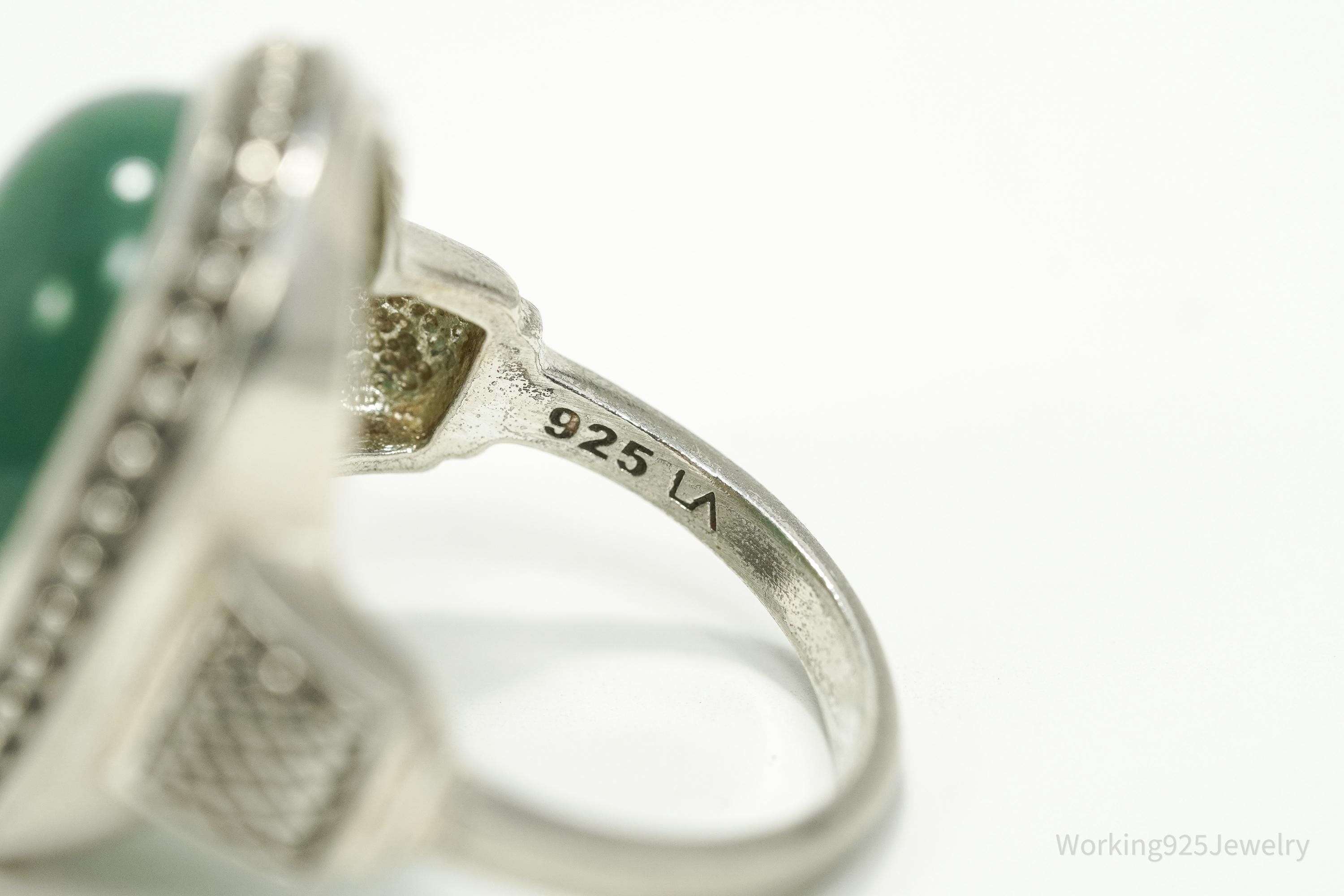 Vintage Large Green Aventurine Sterling Silver Ring - Size 9