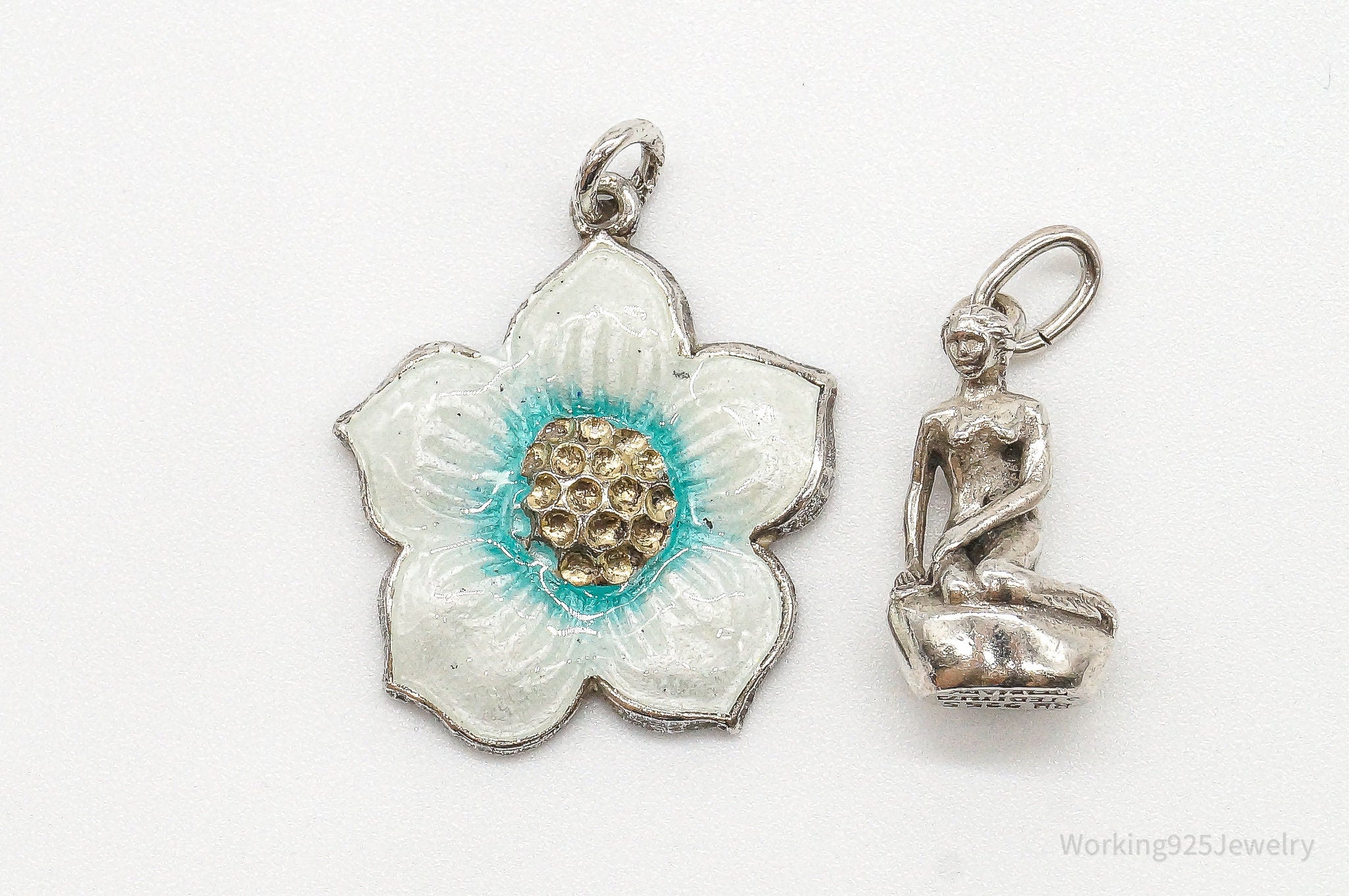 Vintage Modernist Enamel Flower Little Mermaid Sterling Silver Pendants