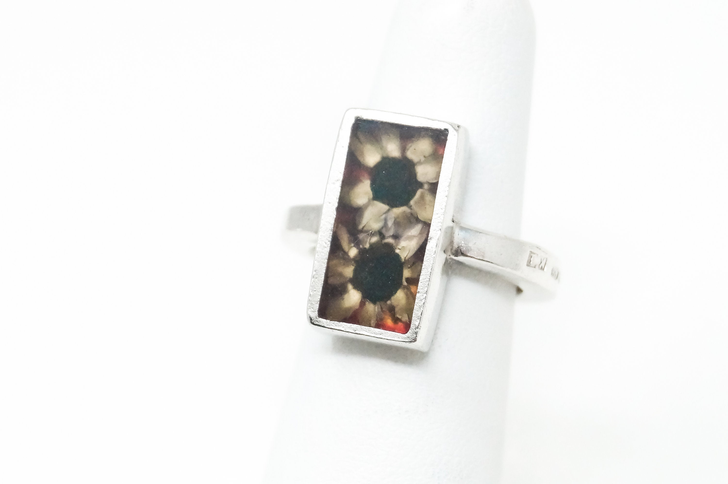 Vintage English Flower In Glass Sterling Silver Ring - Sz 5.5 -798472285