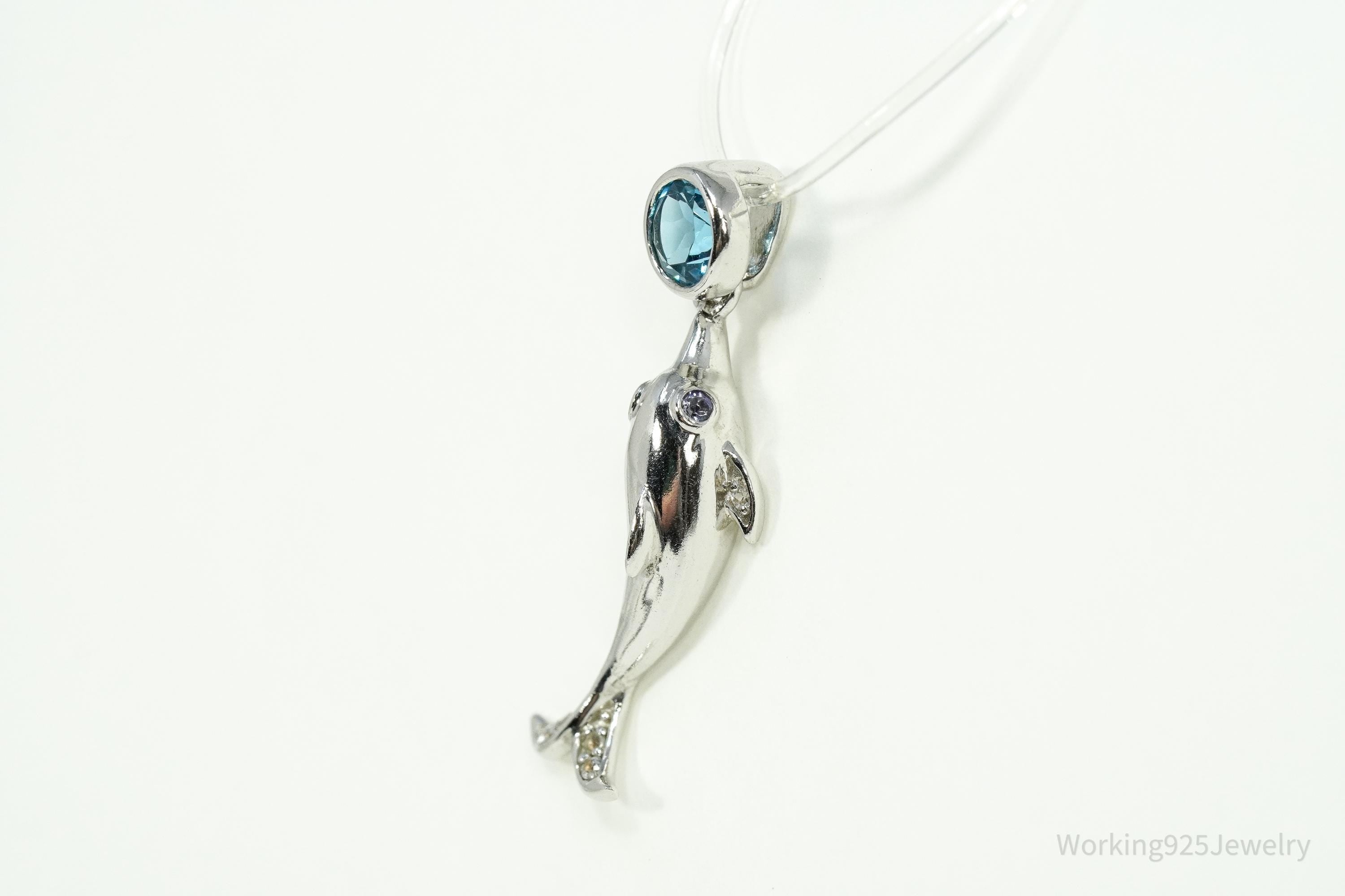 Vintage Blue Topaz Dolphin Sterling Silver Necklace Pendant 1 1/8"