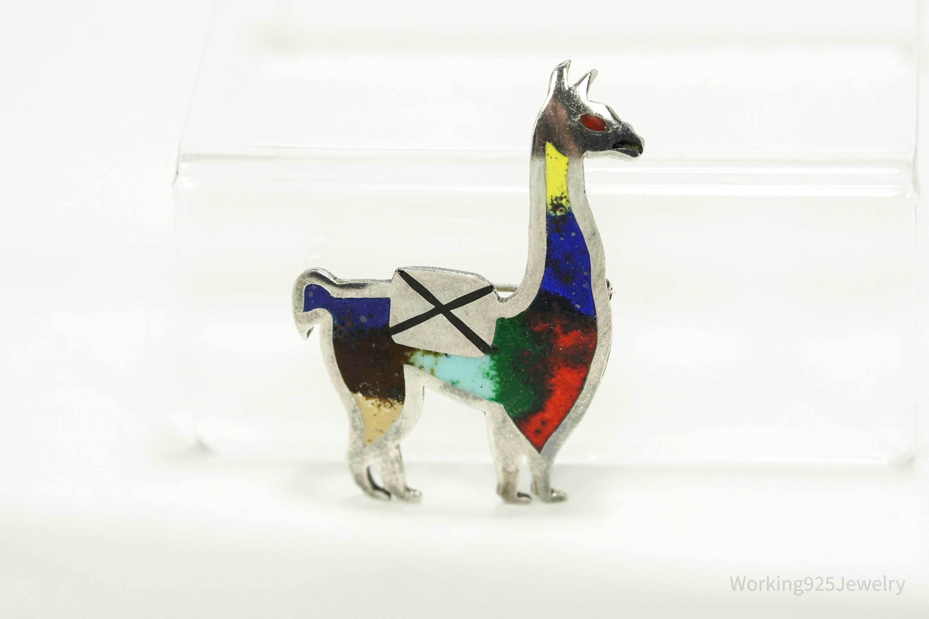 Vintage Peruvian Rainbow Enamel Llama Sterling Silver Brooch Pin