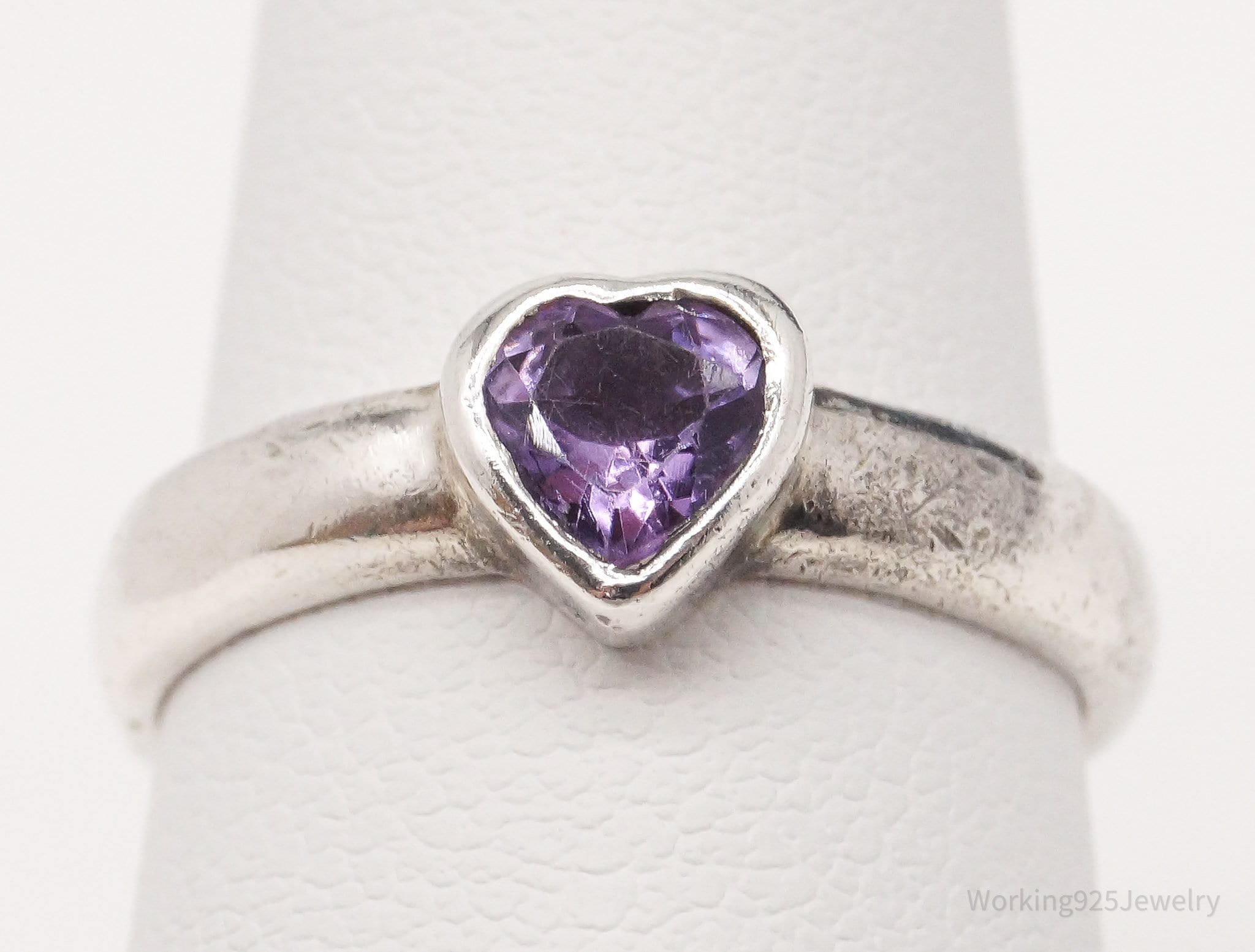 Vintage Amethyst Heart Sterling Silver Ring - Size 5.75