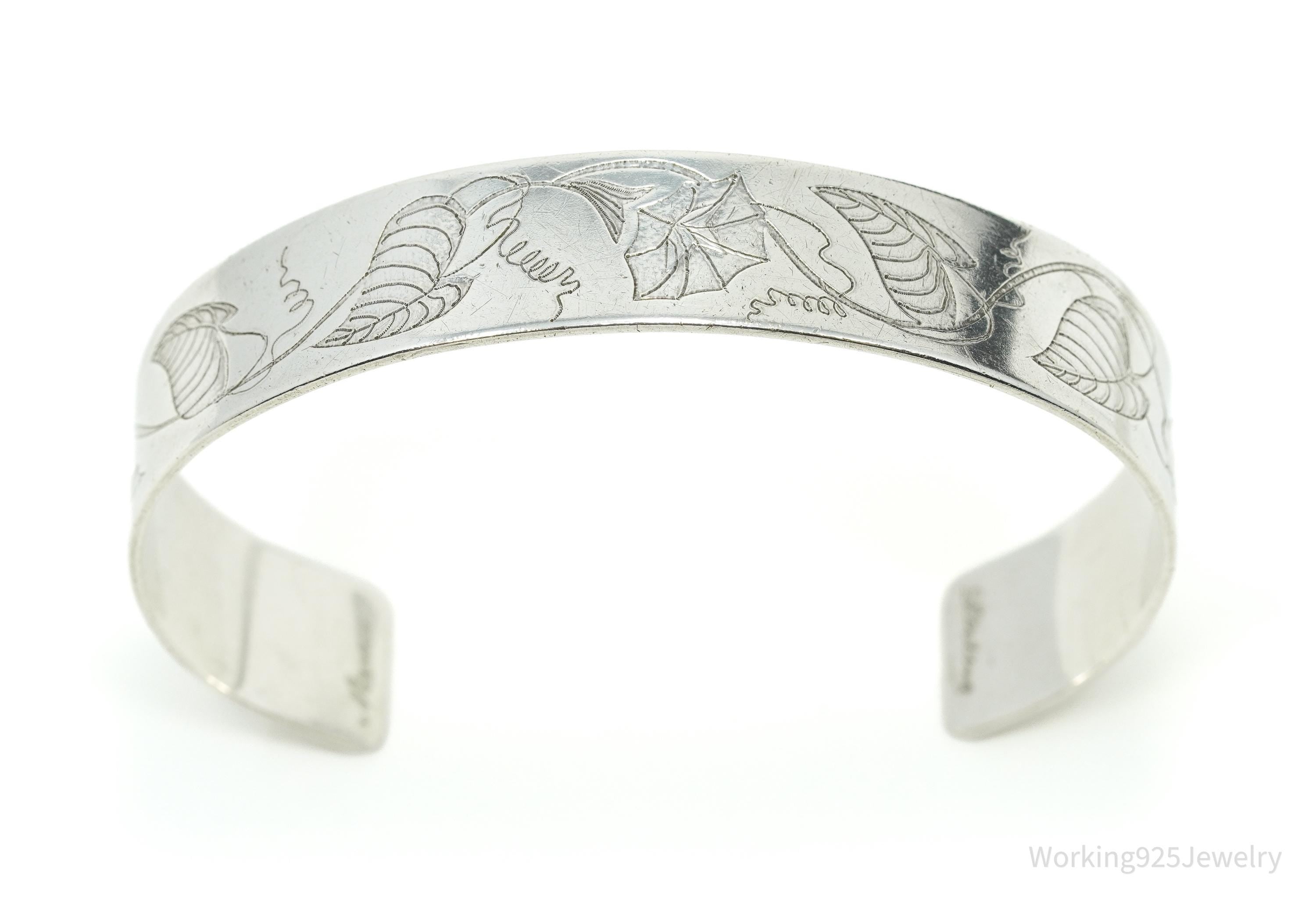 Vintage Floral Pattern Flowers Sterling Silver Cuff Bracelet 6.75"