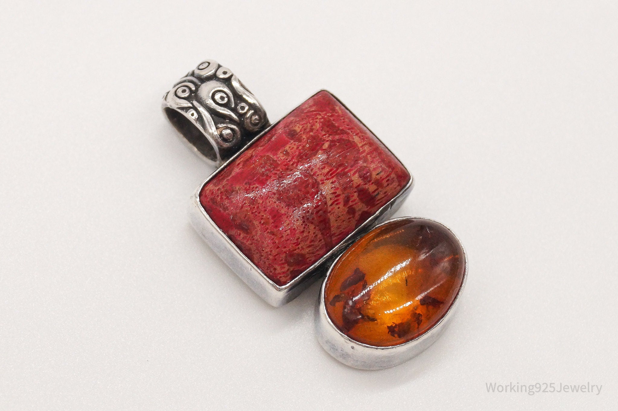 Vintage Red Coral Amber Sterling Silver Pendant