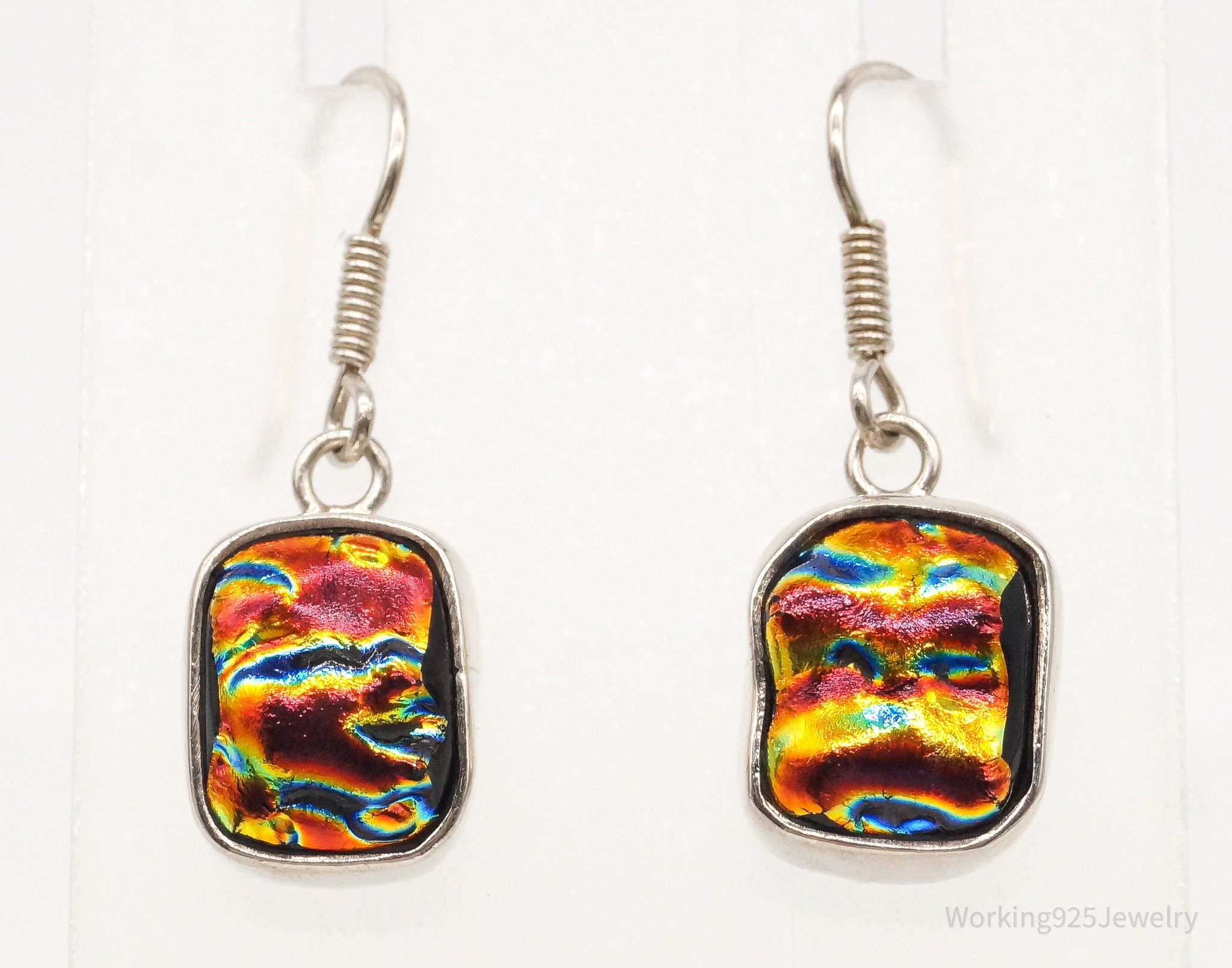 Vintage Oil Color Dichroic Glass Sterling Silver Earrings