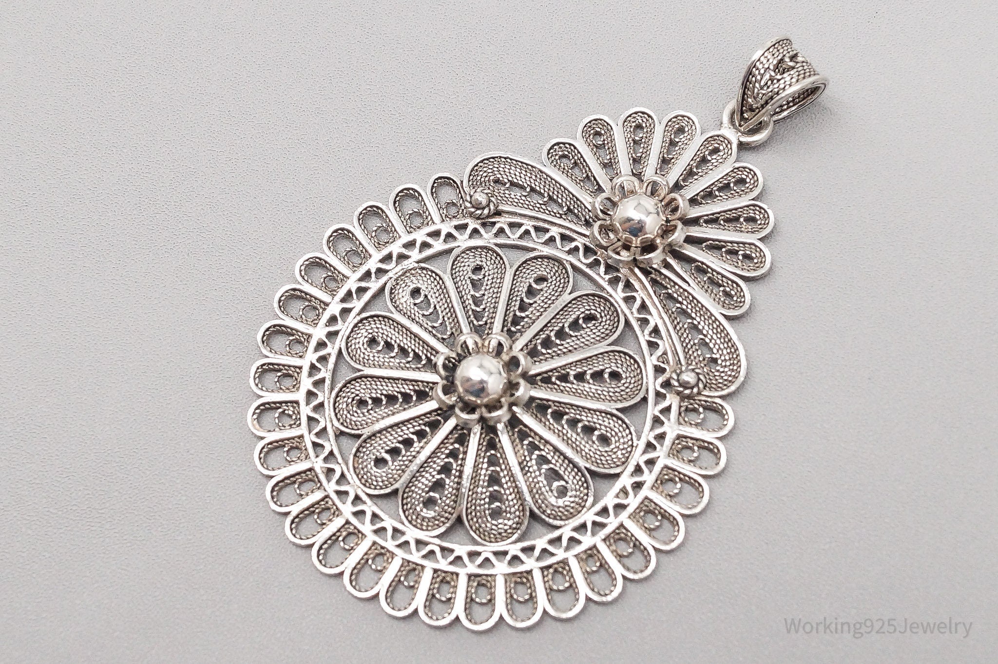 Vintage Large Turkish Filigree Ornate Sterling Silver Pendant