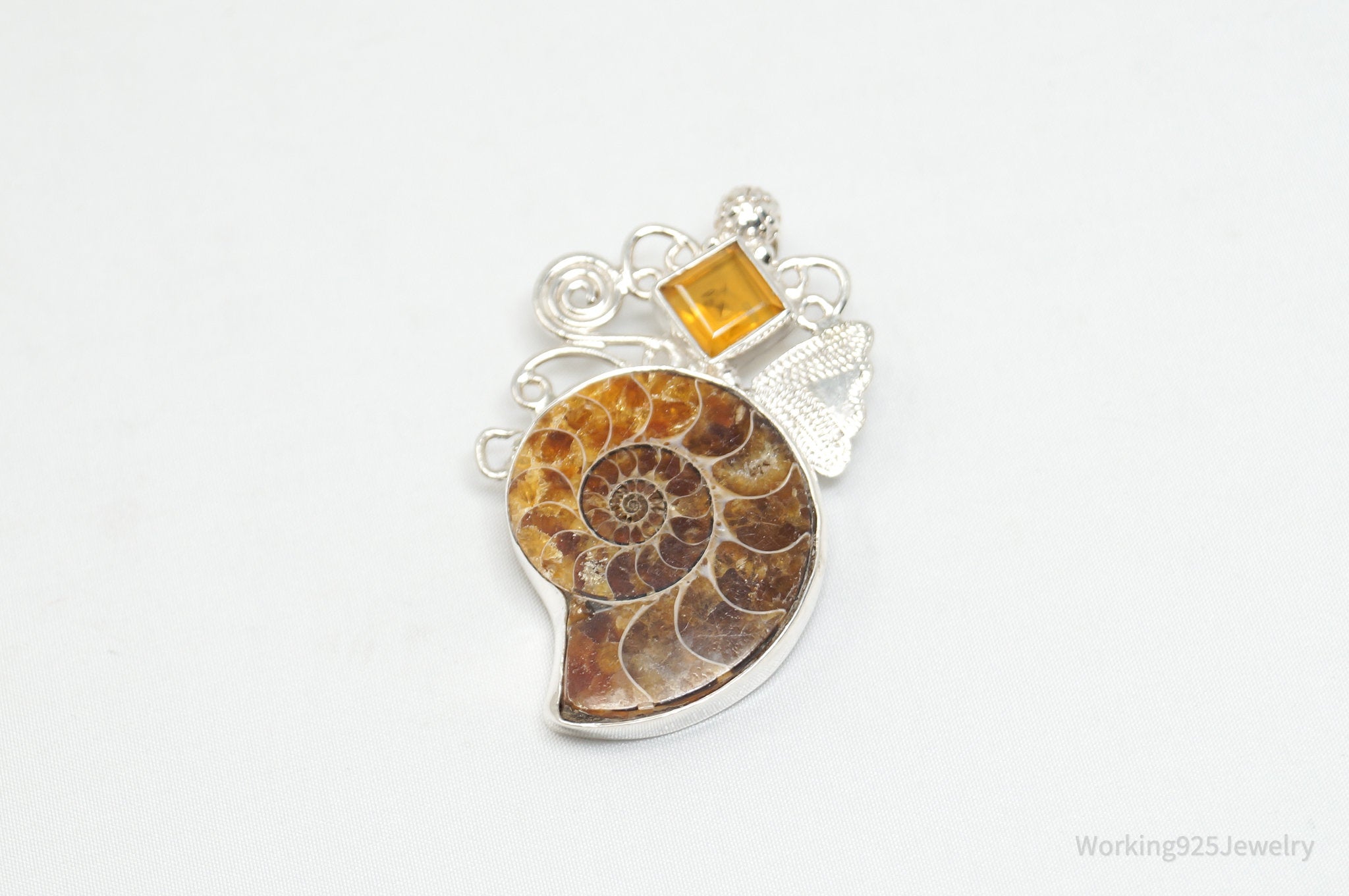 Vintage Large Ammonite Fossil Shell Citrine Sterling Silver Necklace Pendant