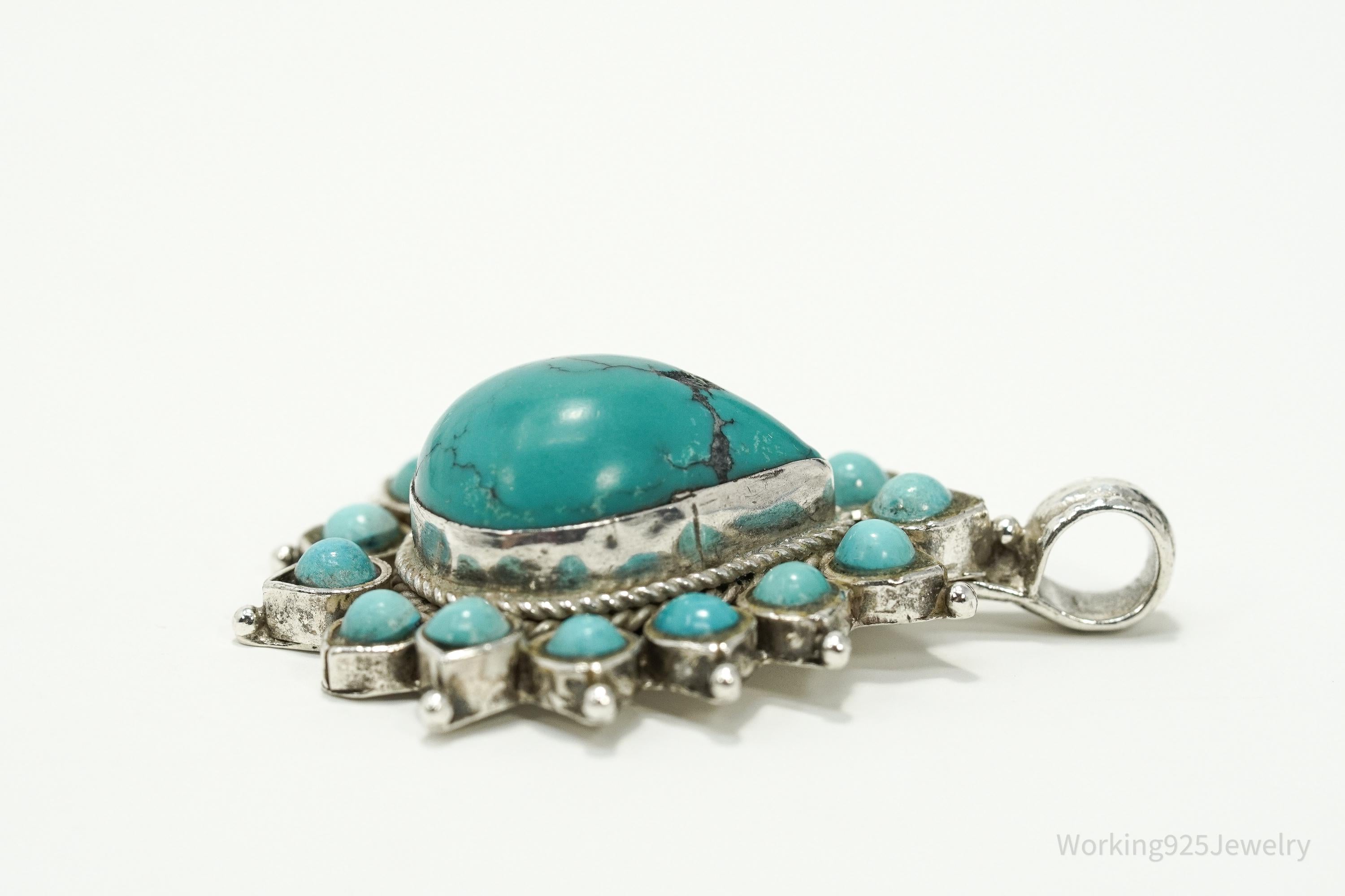 Large Vintage Turquoise Teardrop Sterling Silver Pendant