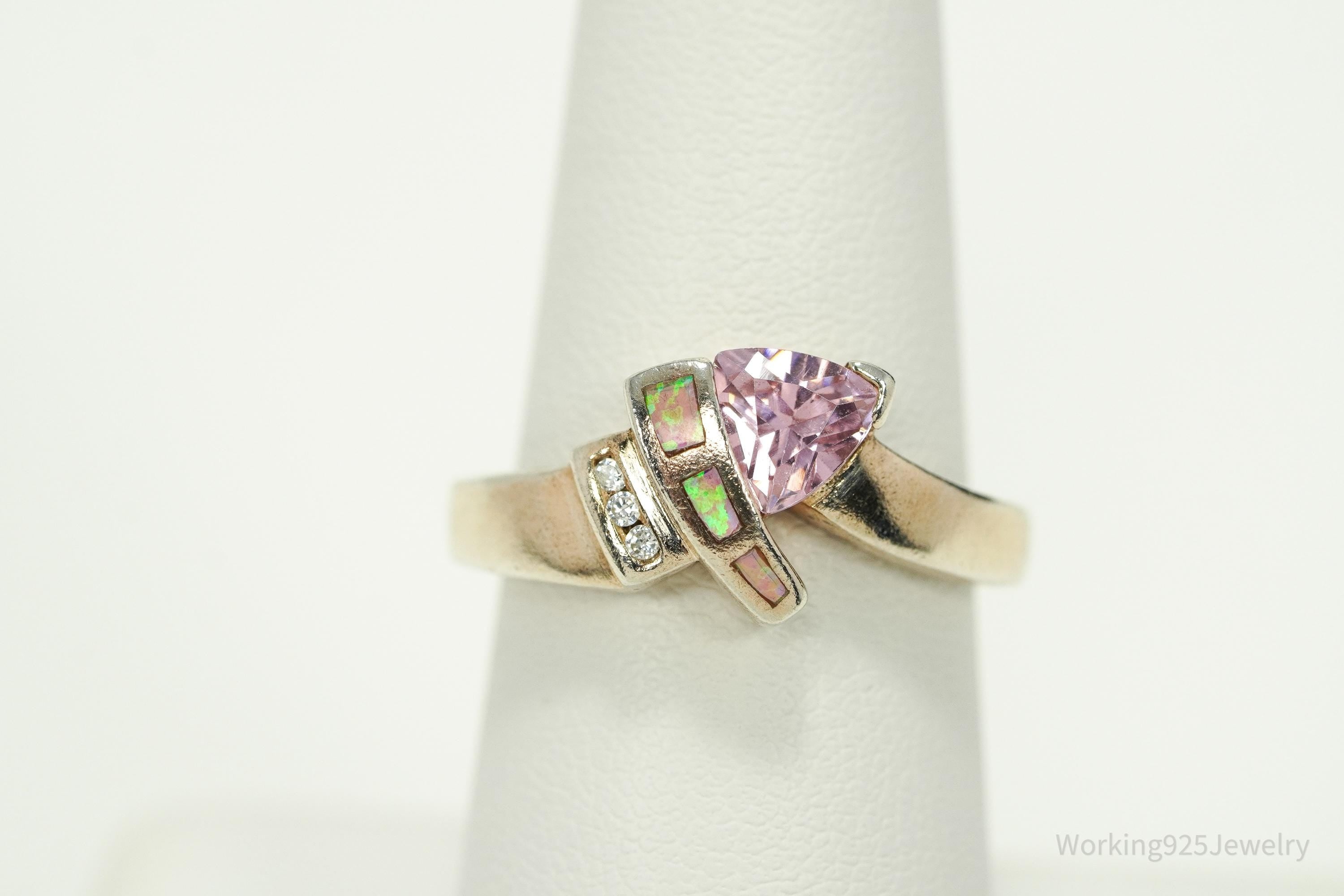 Vintage Pink & White Cubic Zirconia Opal Inlay Rose Gold Vermeil Sterling Silver Ring - Size 7.5
