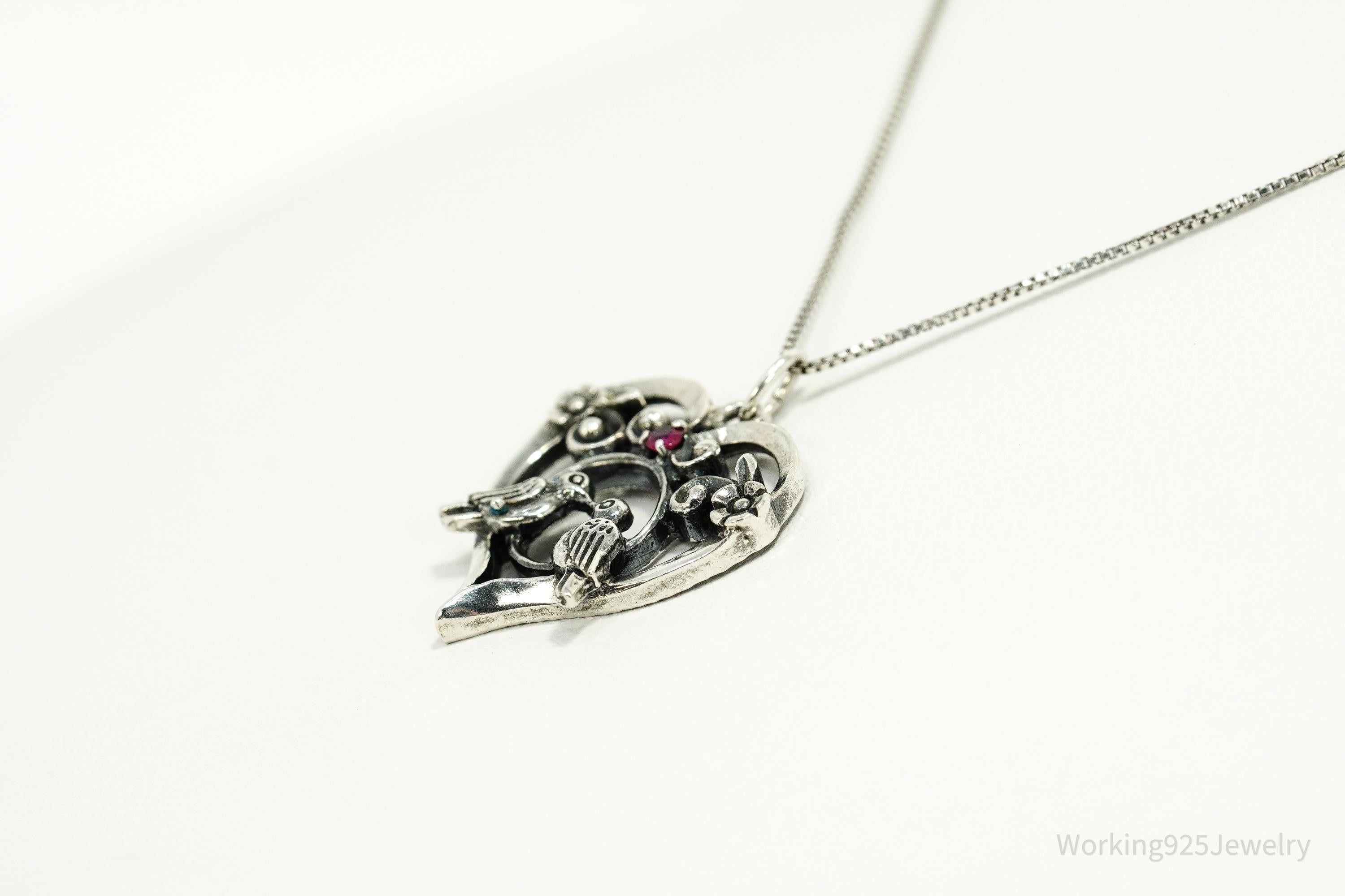 Vintage 1981 Franklin Mint Ruby Love Birds Sterling Silver Necklace 18"