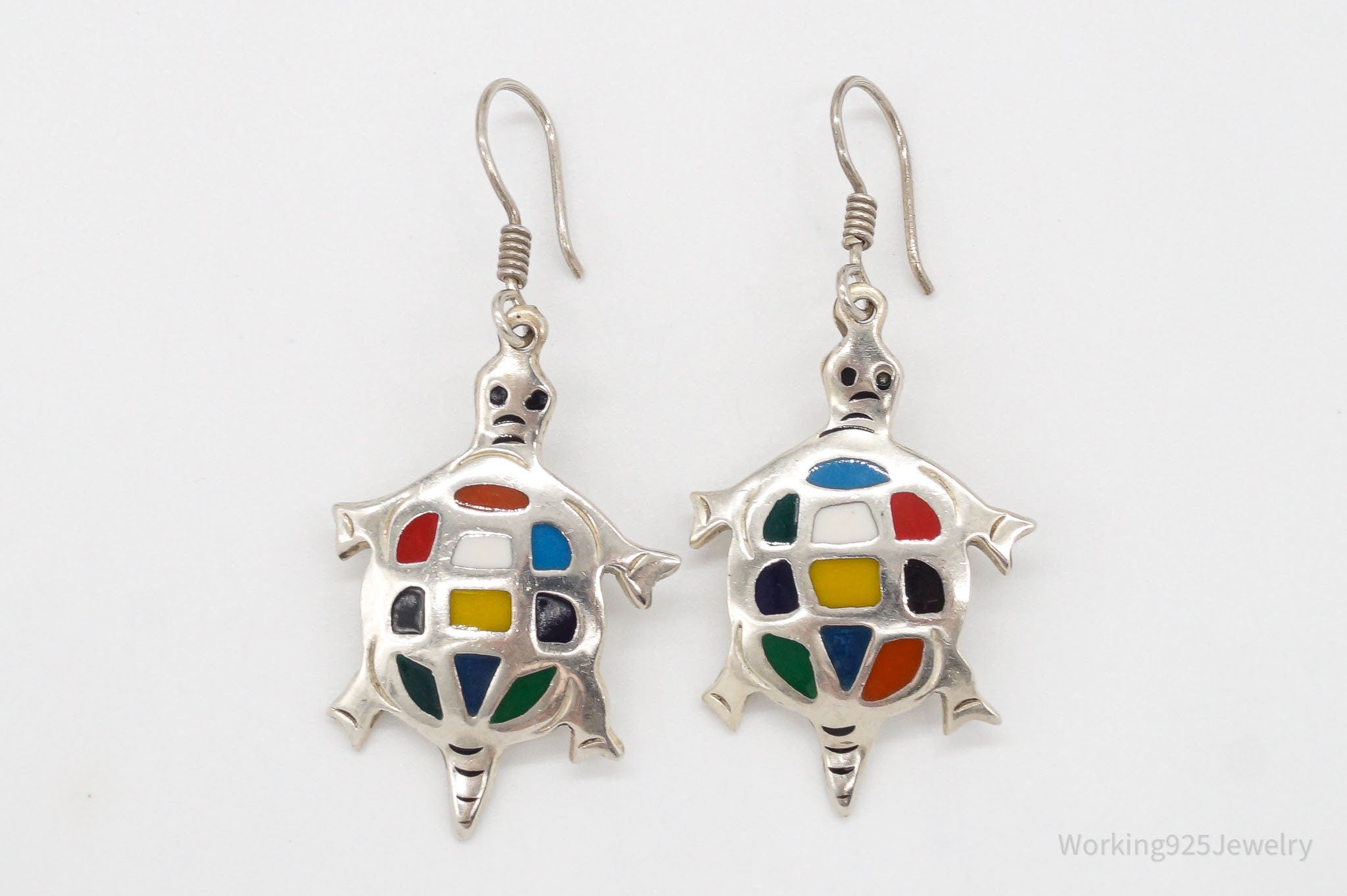 Vintage Mexico Rainbow Enamel Inlay Sterling Silver Turtles Earrings