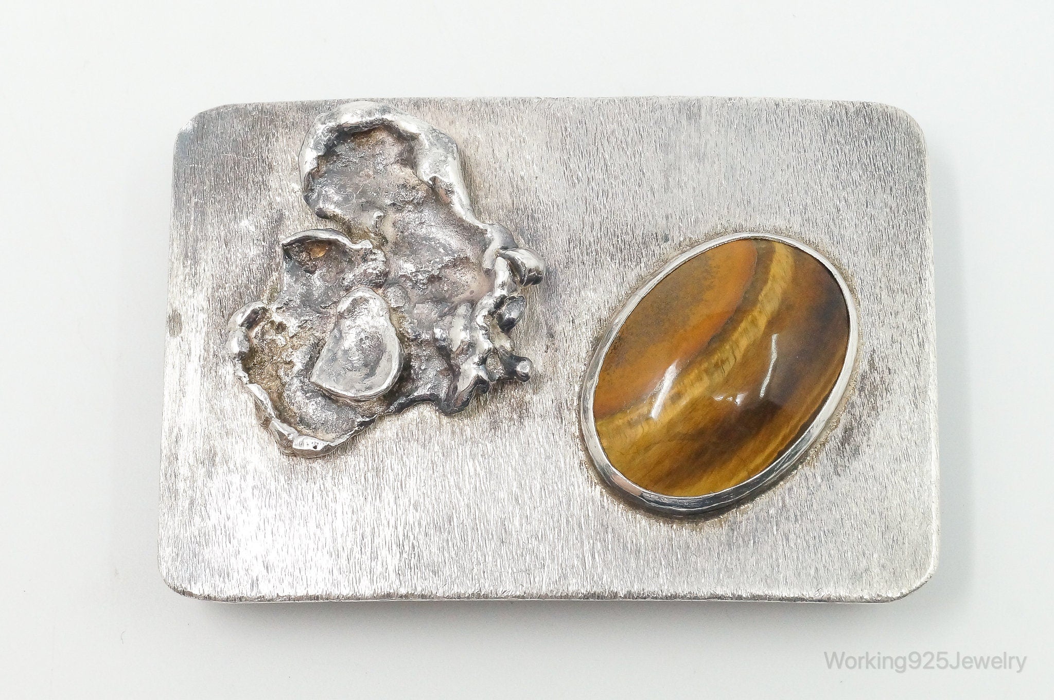 Vintage Modernist Tigers Eye Sterling Silver Belt Buckle