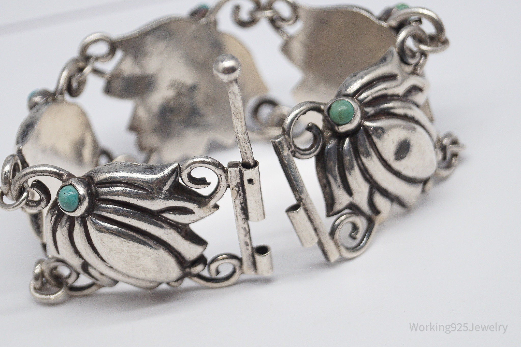 Vintage Mexico Blue Turquoise Inlay & Flowers Silver Bracelet - 7.75"