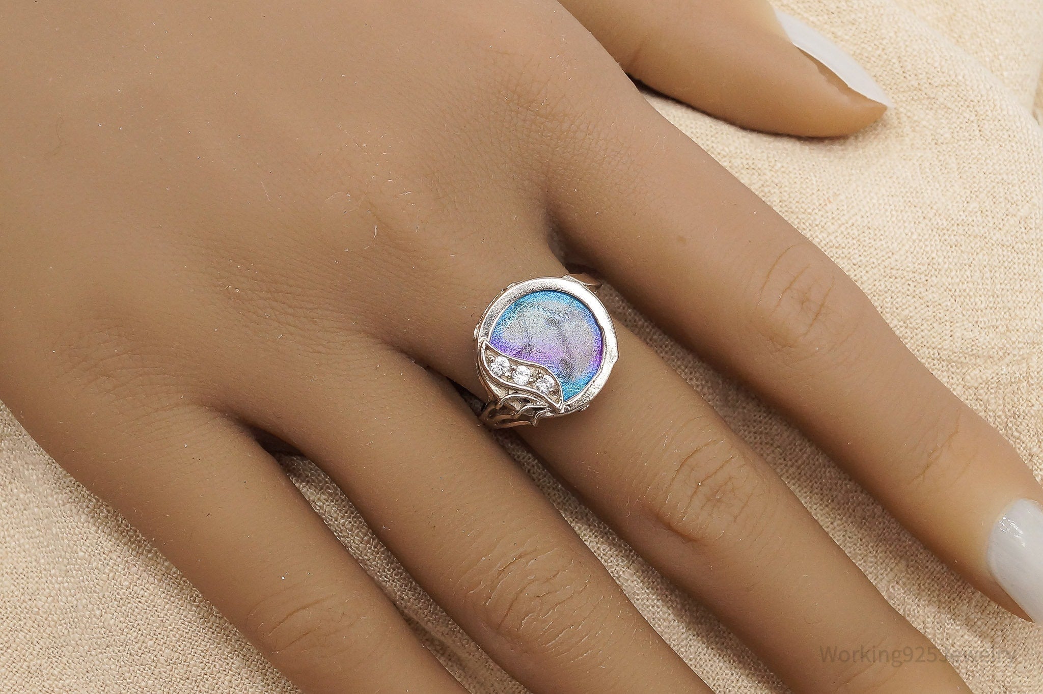 Vintage Cubic Zirconia & Purple Blue Plate Sterling Silver Ring - Size 8.25