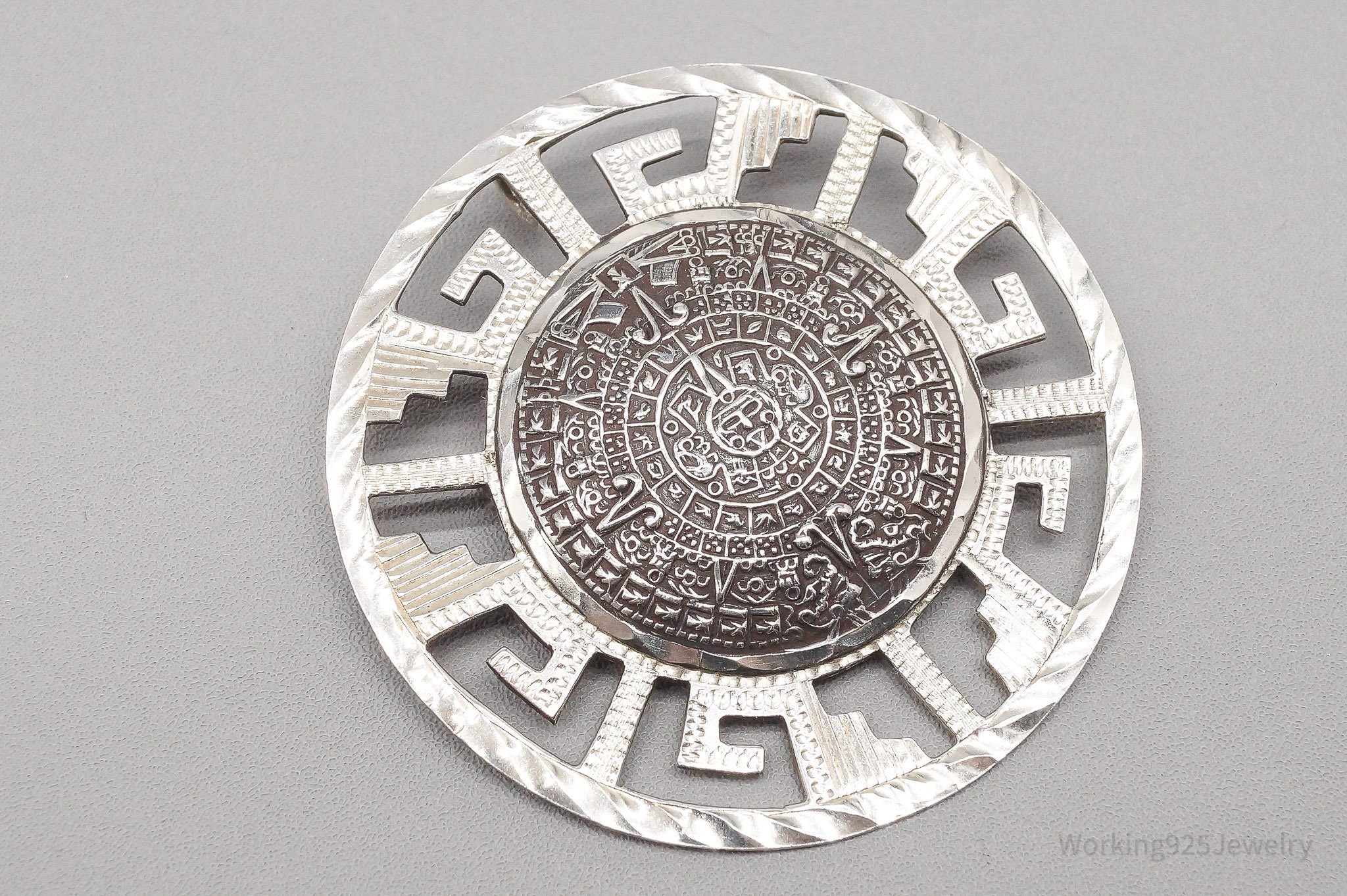 Vintage Large Mexico Mayan Calendar Sterling Silver Pin Brooch Pendant