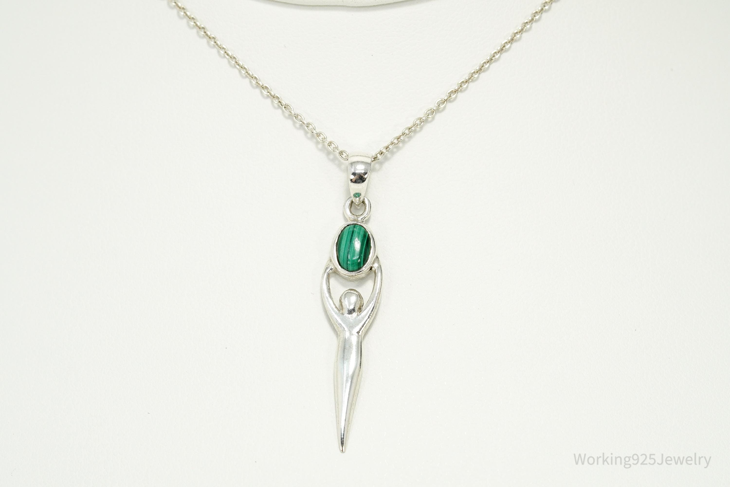 Vintage Malachite Goddess Sterling Silver Necklace 16"