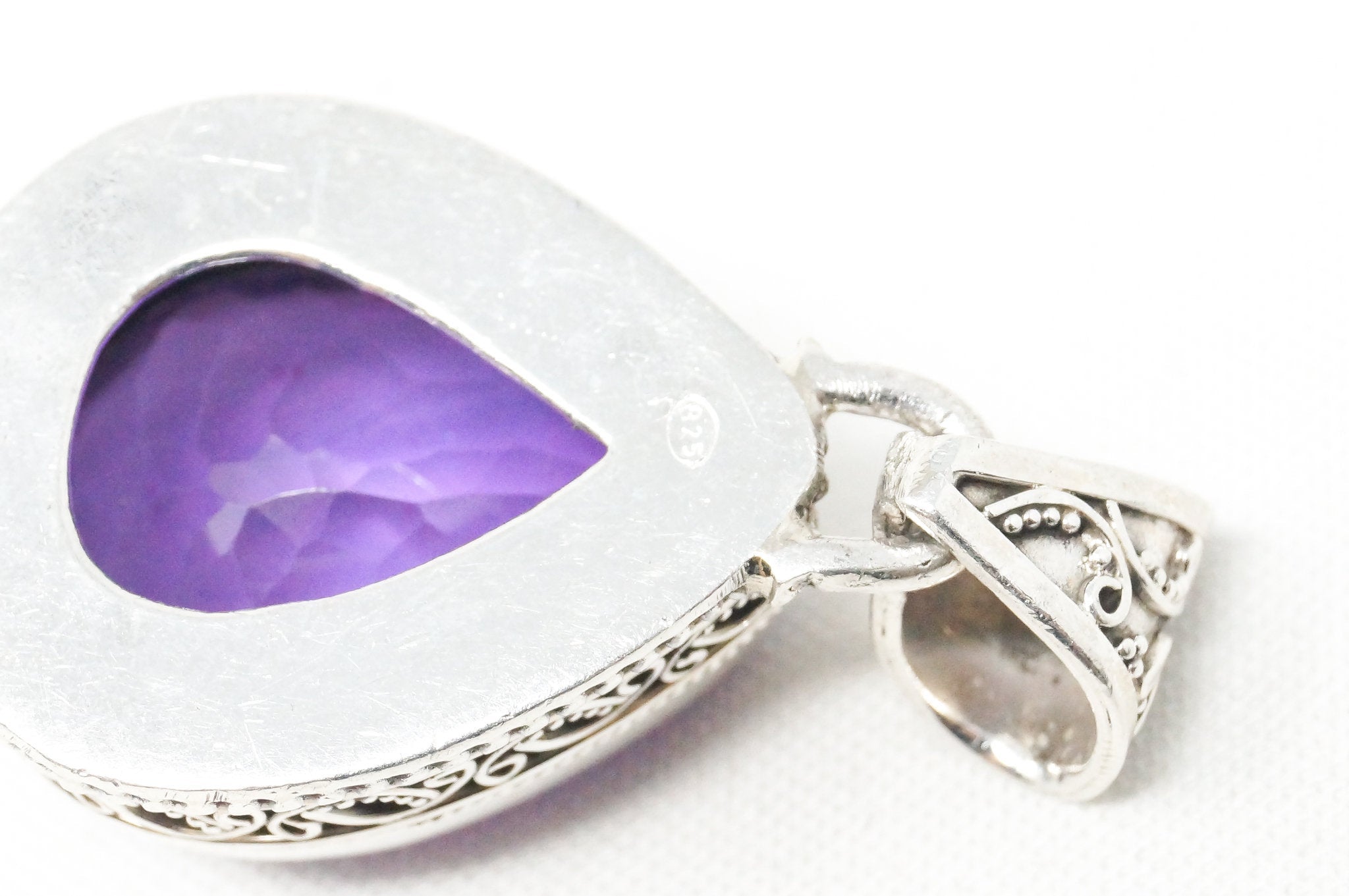Vintage Large Purple Amethyst Bali Scroll Sterling Silver Necklace Pendant