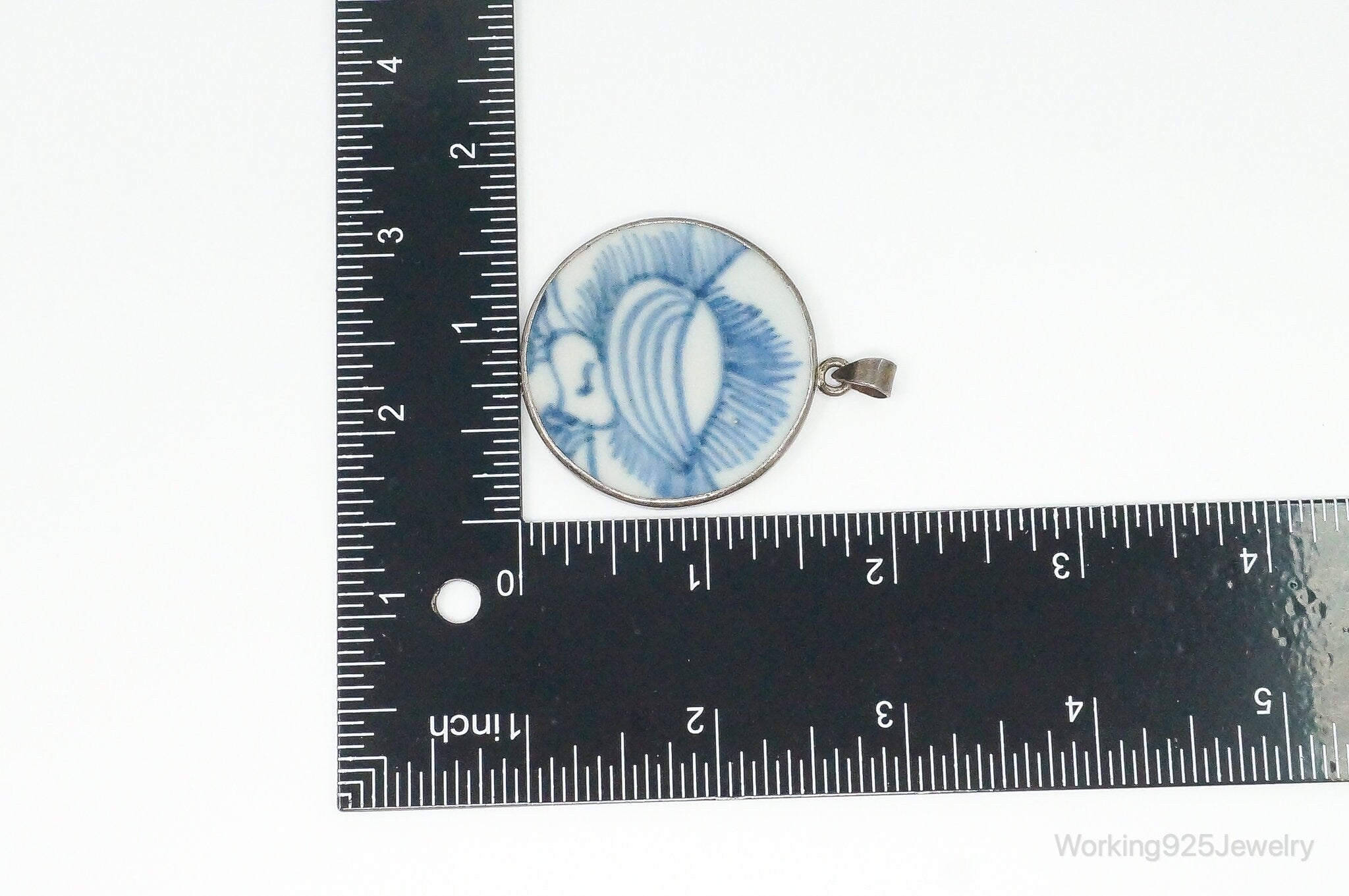 Vintage White Blue Ming Porcelain Sterling Silver Pendant